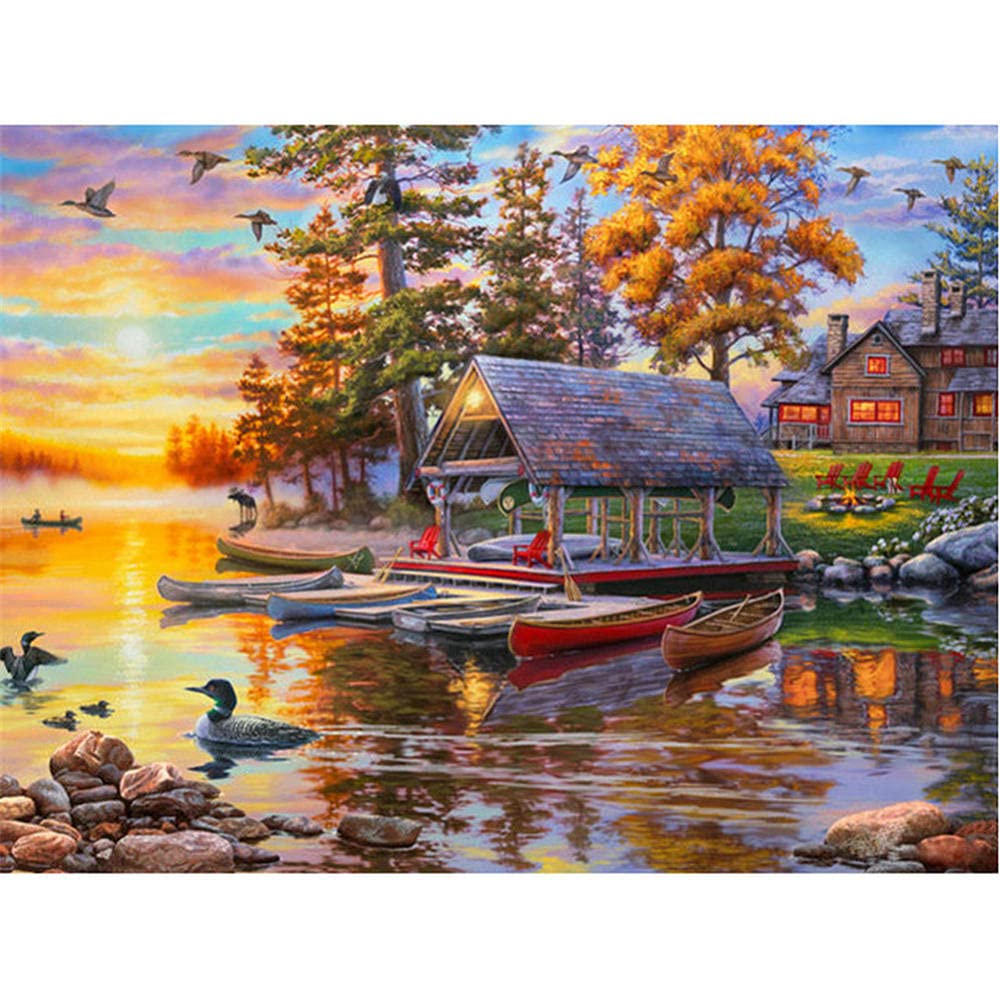 5D Diamant Malerei Kit Vollbohrer – Fischerboot Meereslandschaft 50x70 Cm, DIY Diamantbild Mit Strasssteinen