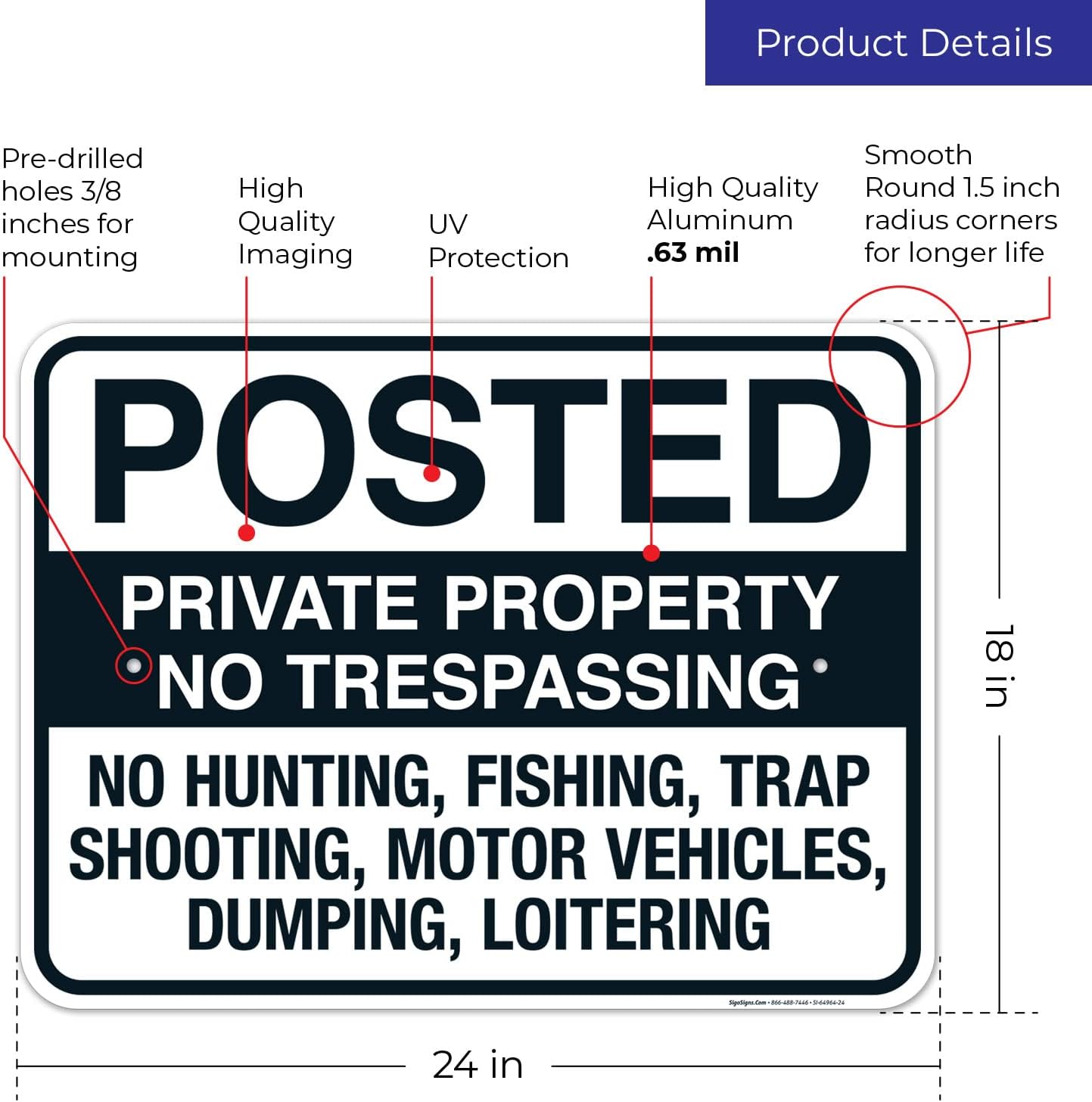 Private Property No Trespassing No Hunting Fishing Trap Shooting Motor Vehicles Sign, 18x24 Inches, Rust Free .063 Aluminum, Fade Resistant, Made in USA