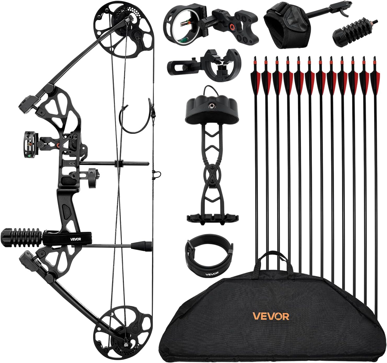 VEVOR Compound Bow Archery, Adjustable 19-30 in Draw Length Compound Bow Package for Beginner, 19-70 Lbs Draw Weight Archery Bows and Arrow Set, Right Hand Kit with Hunting Equipment, 320 fps, Black