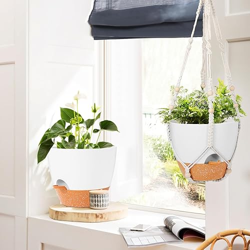 Miniatura 6 de GARDIFE Macetas colgantes de 10 pulgadas con colgador de plantas de macramé para plantas de interior y exterior, paquete de 2 macetas grandes con