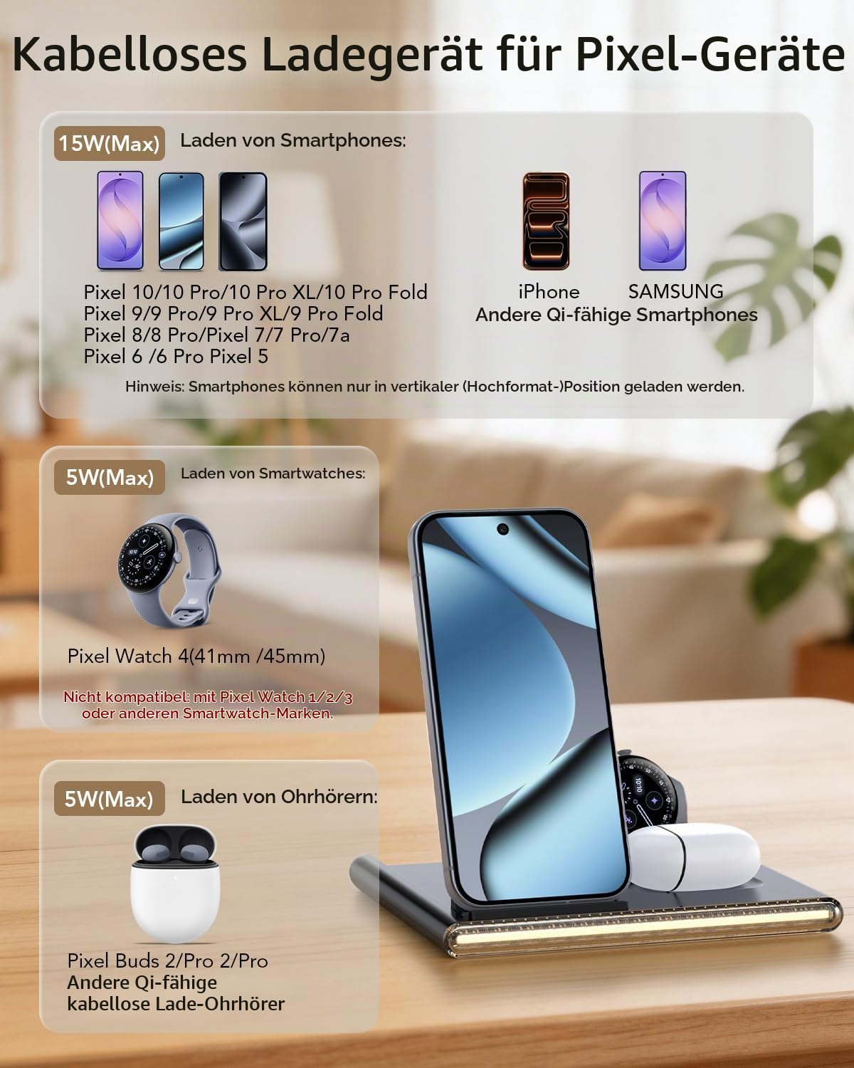3 in 1 Kabelloses Ladegerät nur für Google Pixel Watch 4 (41mm/45mm), 15W Induktions Ladestation für Google 10 Pro/10/9/8/7/6/5/4, Pixel Buds Pro 2, Nicht kompatibel mit Pixel Watch 1/2/3 | 15w Kabelloses Ladegerät für Google, 5w Pixel Watch 4 Ladegerät (