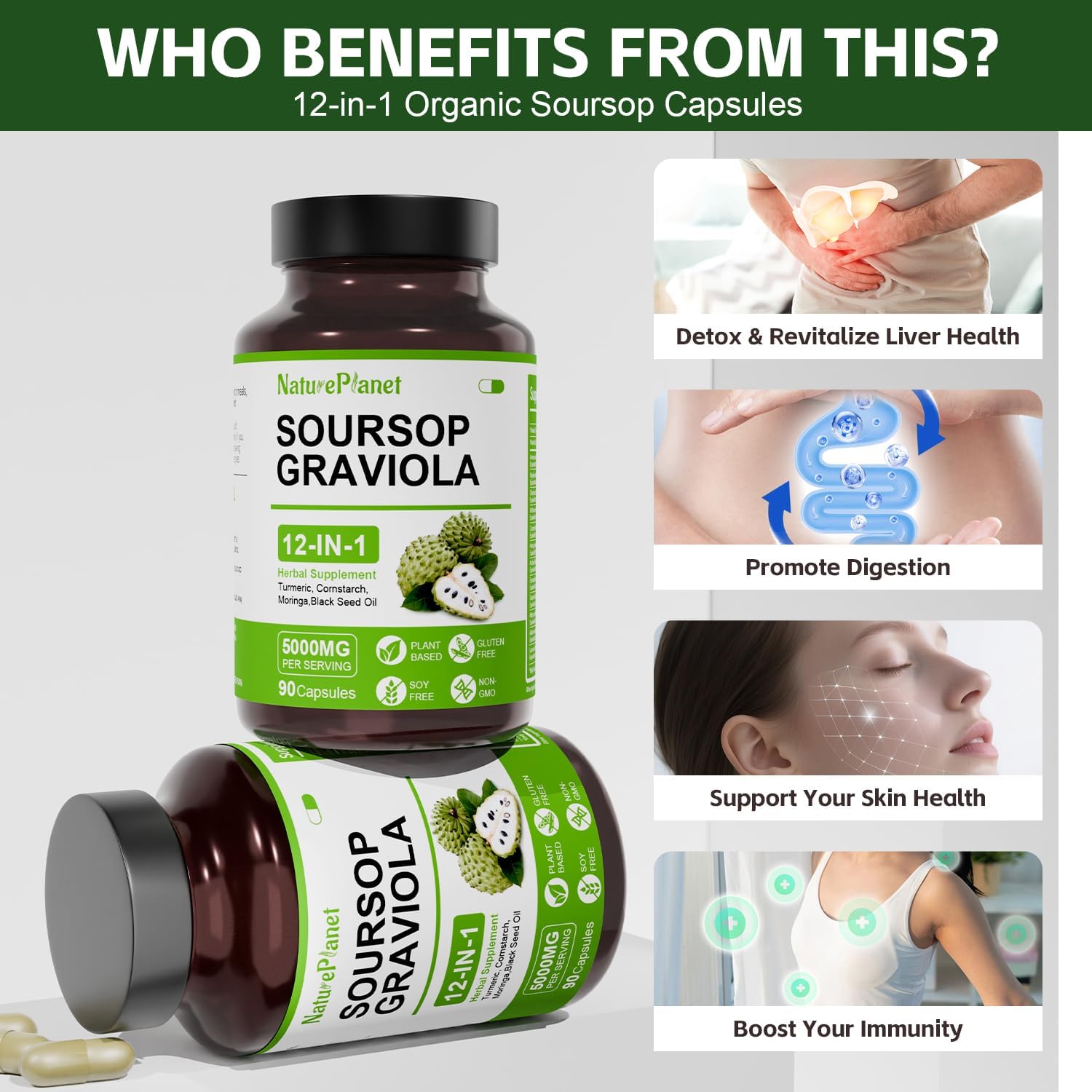 NaturePlanet Soursop Graviola Capsules with Black Seed Oil, Sea Moss, Ashwagandha, Turmeric & Moringa丨12 in 1 Herbal Blend Formula丨Immune Support & Gut health丨Gluten-Free, Non GMO, Vegan - 90 Counts - Image 2