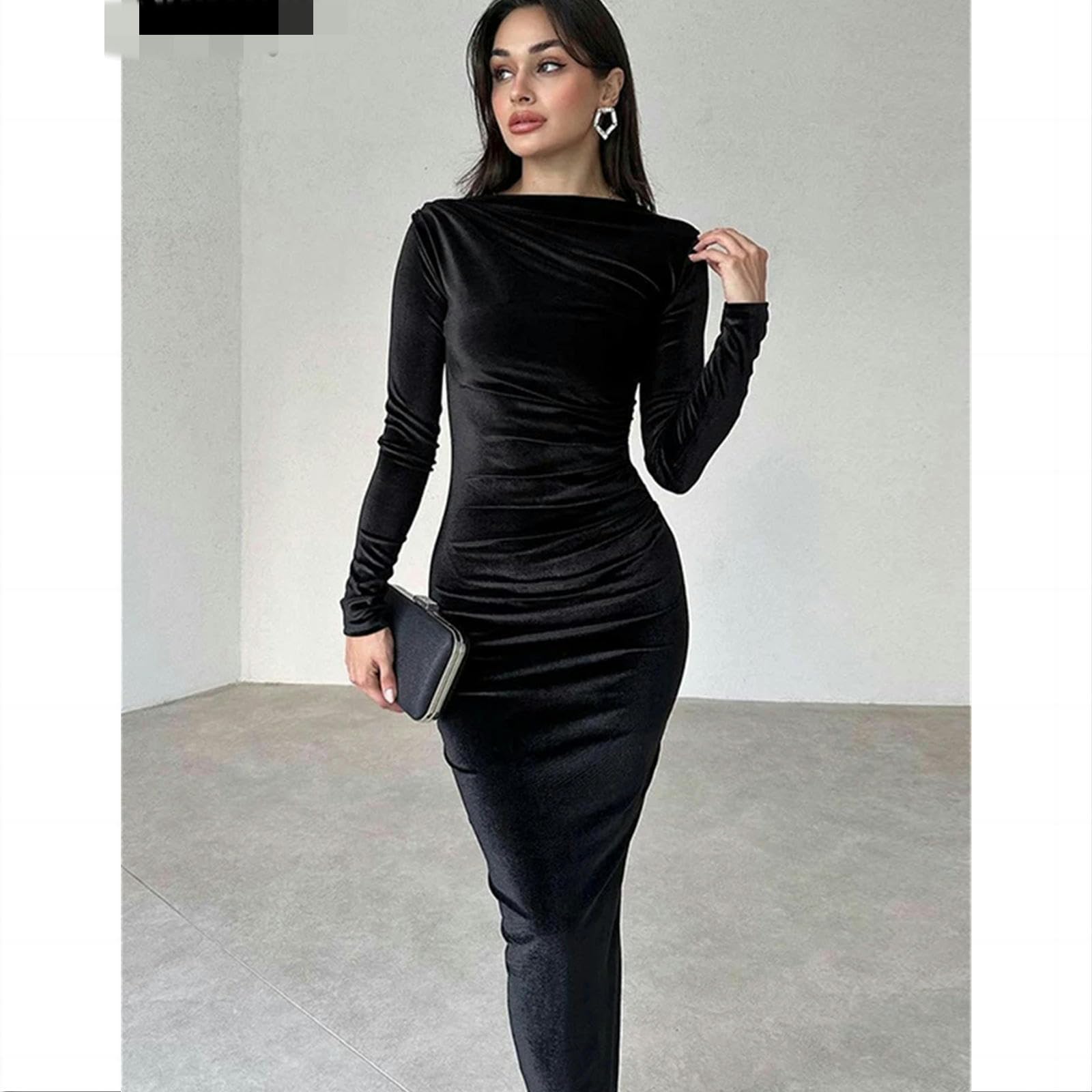 Damskie sukienki z długim rękawem O Neck damskie ubrania bodycon sukienka midi marszczona elegancka sukienka na imprezę zimowe