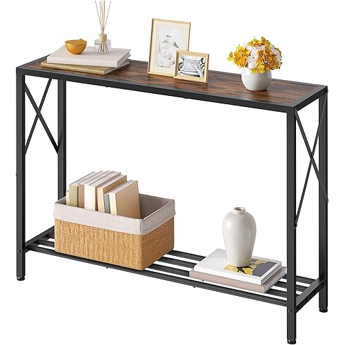 Tajsoon Console Table 41.8”, 2-Tier Industrial entryway Table, Narrow Sofa Table with Shelves, Entrance Table for Entryway, Hallway, Living Room, Foyer, Corridor, Office, Rustic Brown