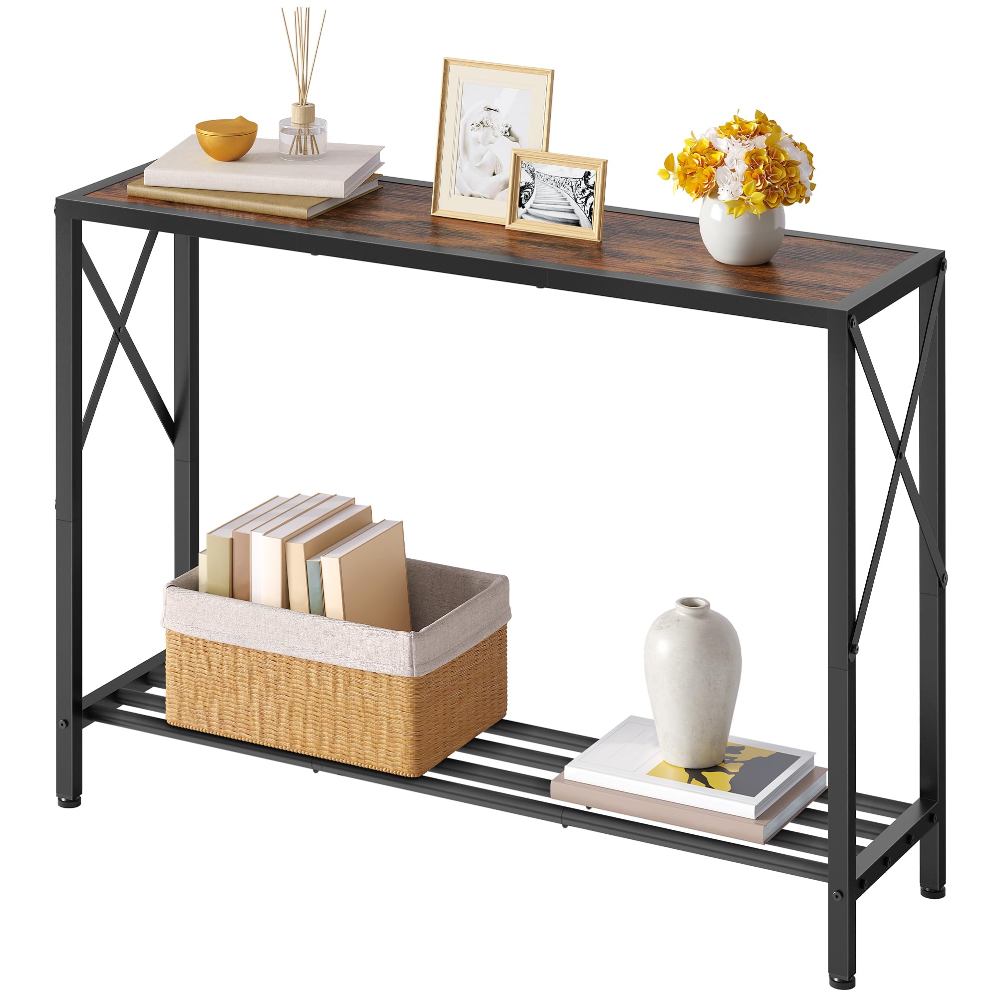 Tajsoon Konsolentisch, 2-stöckiger Eingangstisch, 106 cm Lang, Schmaler Sofatisch mit Regalen, Eingangstisch für Flur, Eingang, Wohnzimmer, Foyer, Korridor, Büro, Rustikales Braun
