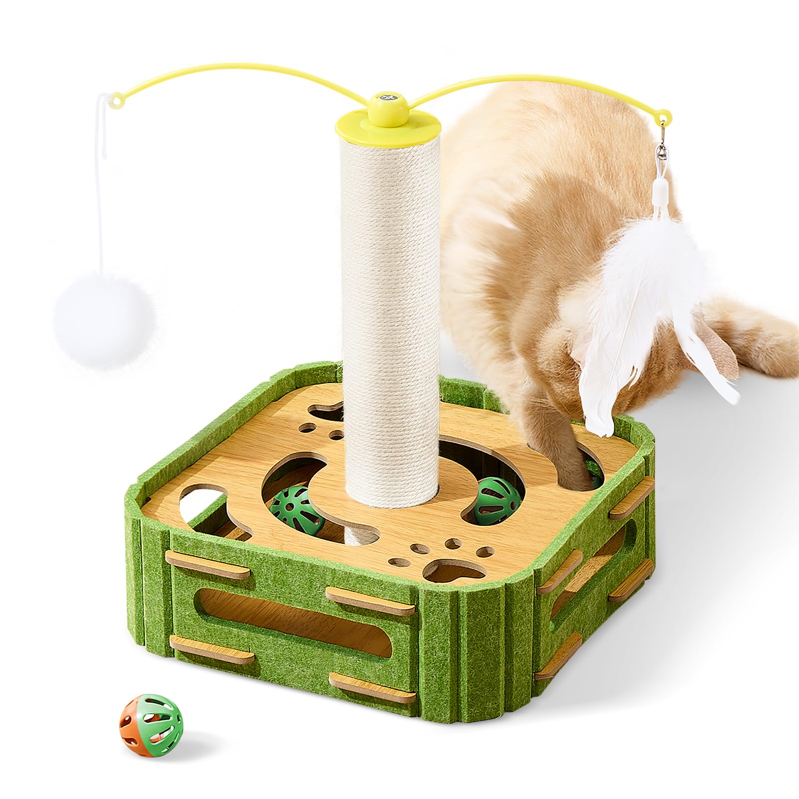 wishkit Juguete Interactivo para Gatos, Poste Rascador, Caja de Rompecabezas Divertida con Bolas con Cascabel y Alfombra Rascadora, Juguete de Pista para Gatitos, Ideal para Ejercicio en Interiores