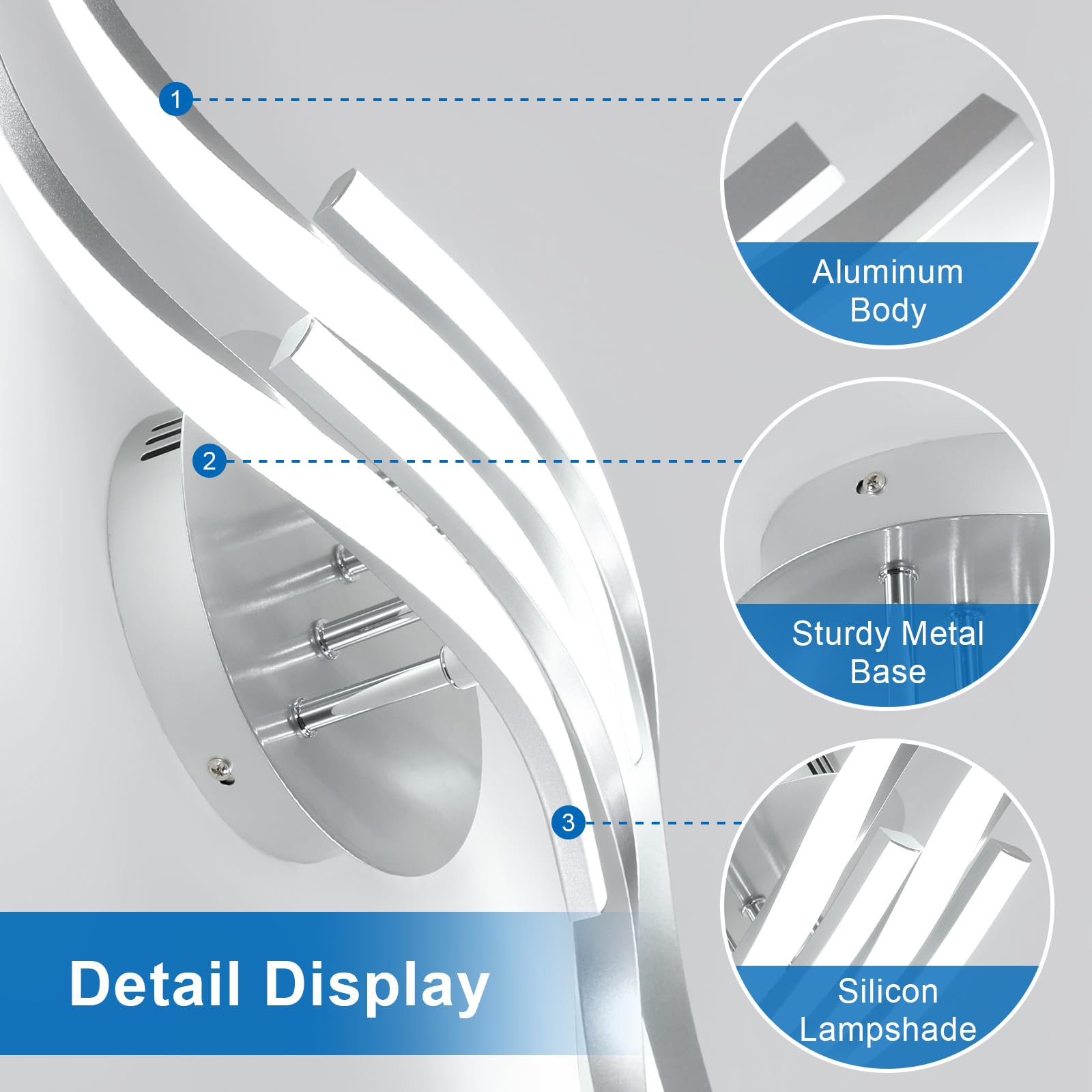 Dorlink Plafoniera LED Soffitto Moderna, 32W 2880LM Lampadario LED Camera da Letto, 6500K Bianco Freddo Lampadari Cucina, 4 Luci Plafoniera Onde Curve Argento, Lampadario Soggiorno, Ø60CM