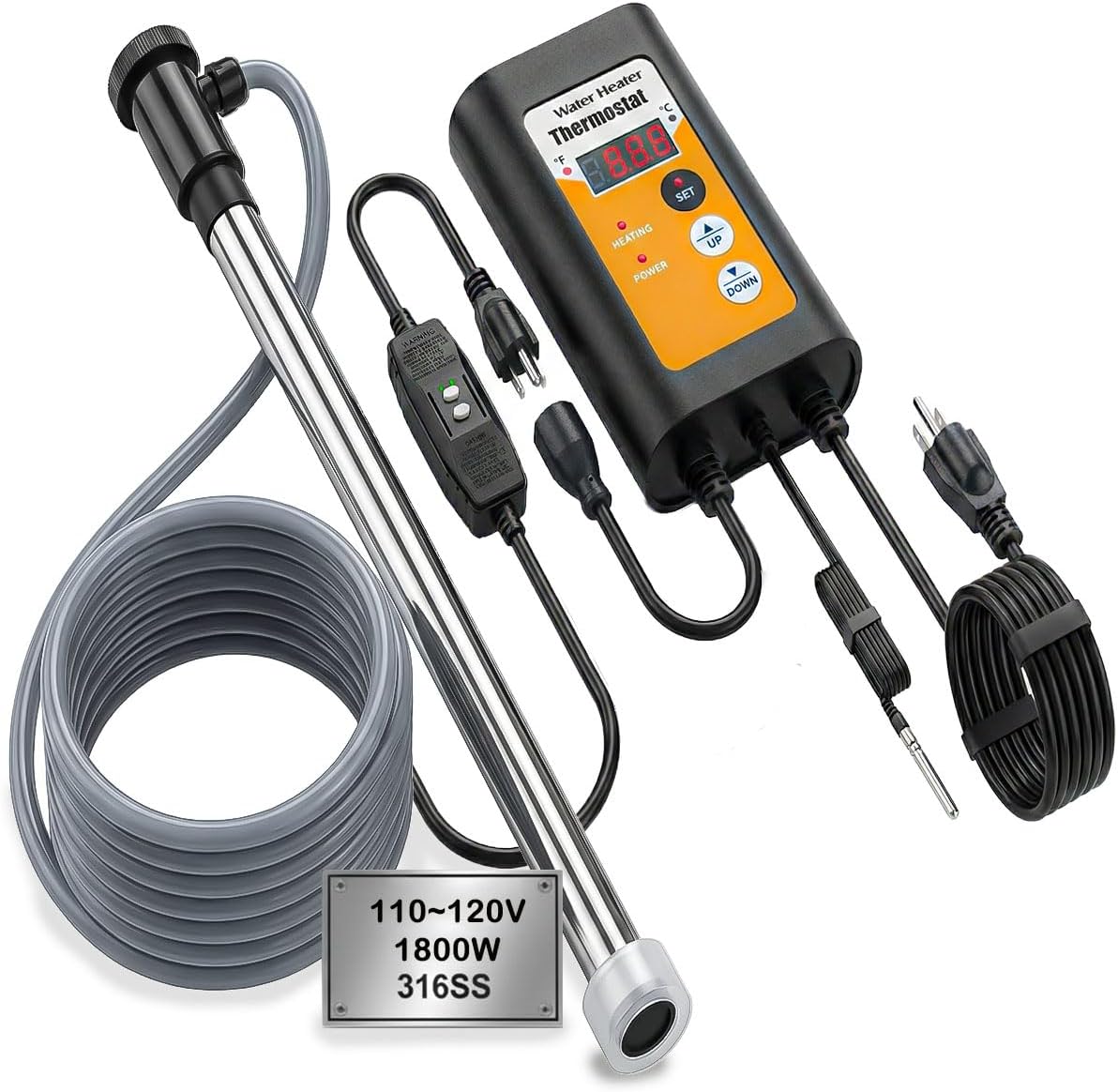 1800W Immersion Water Heater with Thermostat Controlled for Baptistry/ Baptismal Pool and Bathtub, Portable Electric Submersible Heater for Hot Tub, Stock Tank, Small Above Ground Swimming Pool, Spa