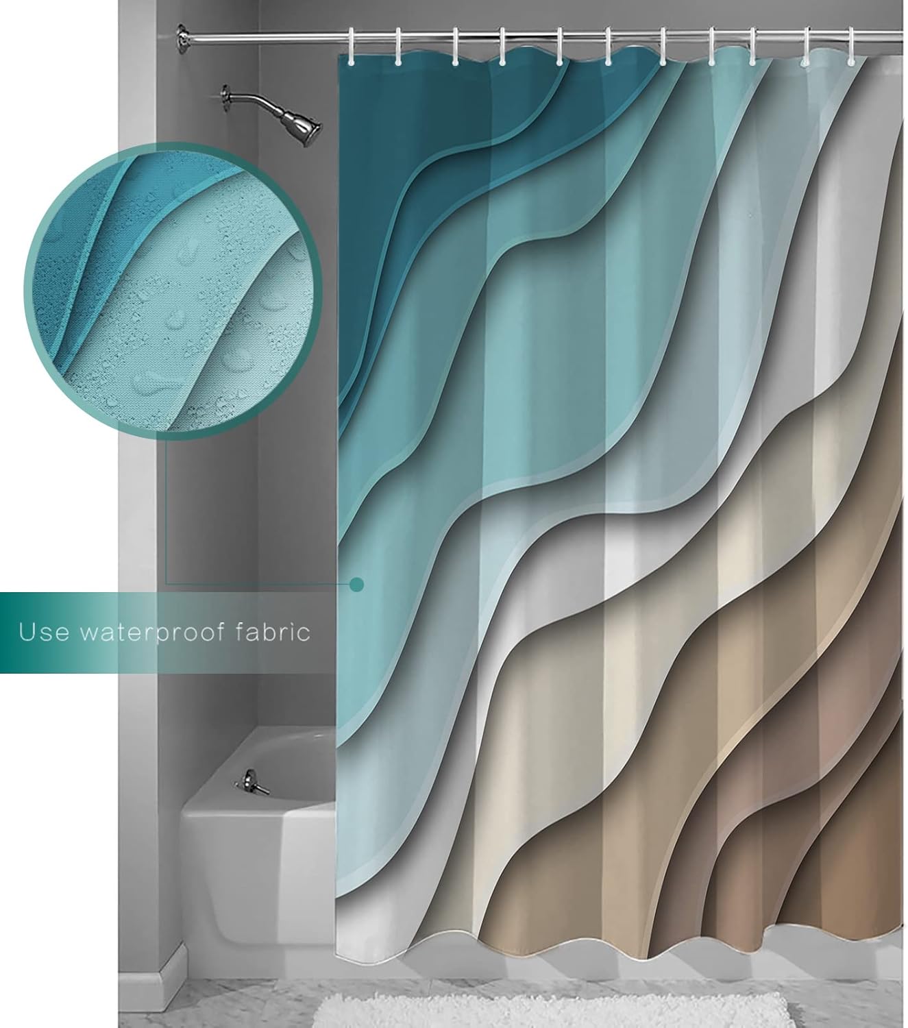 Shower Curtain, Abstract Geometric Teal Brown Gradient Waves Beach Shower Curtains for Bathroom Shower Stalls and Bathtubs Decor,Washable Bath Curtain Fabric Shower Curtain Set with Hook 54x78 inch
