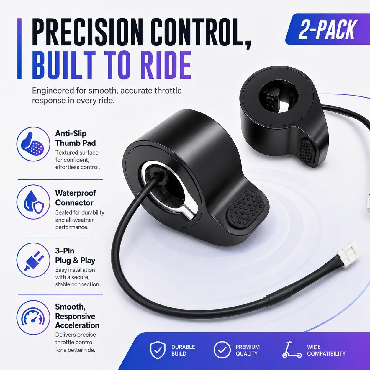 2 Pack Electric Scooter Throttle Replacement, Thumb Throttle | Waterproof Connector with Universal 3-Pin Plug-and-Play Design, Compatible with GOTRAX GXL V2 and Hiboy S2/S2 Pro Scooters