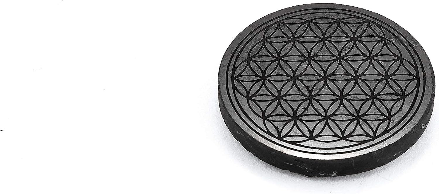 SN NATURSTEIN UG Gemstone Shungite Direct from Karelia: 3 x Shungite Plate "Flower of Life", Round and Polished 50 mm - Image 5