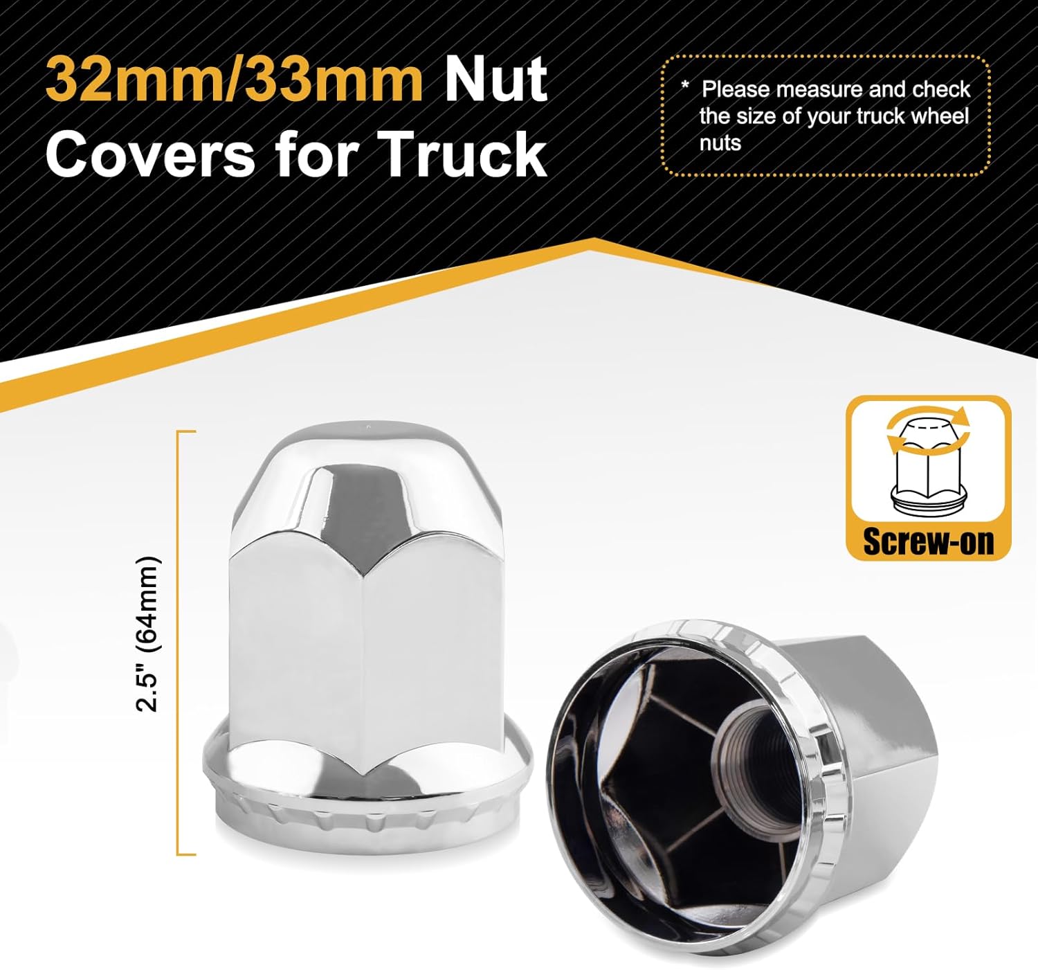 33mm Lug Nut Covers with Flange ABS Chrome Screw-on Nut Covers for Semi Trucks (60Pcs)