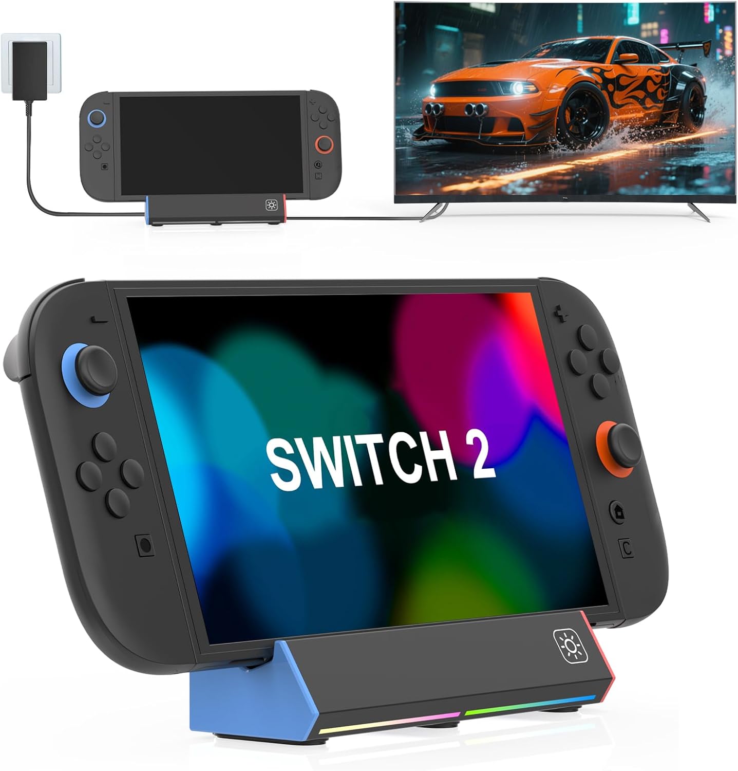 Switch 2 TV Dock Station for Nintendo Switch 2, Portable Docking Replacement Base Stand with 4K HDMI Output/Type C Port/3.0 USB Port/RGB Led Light for Official Nintendo Switch-2