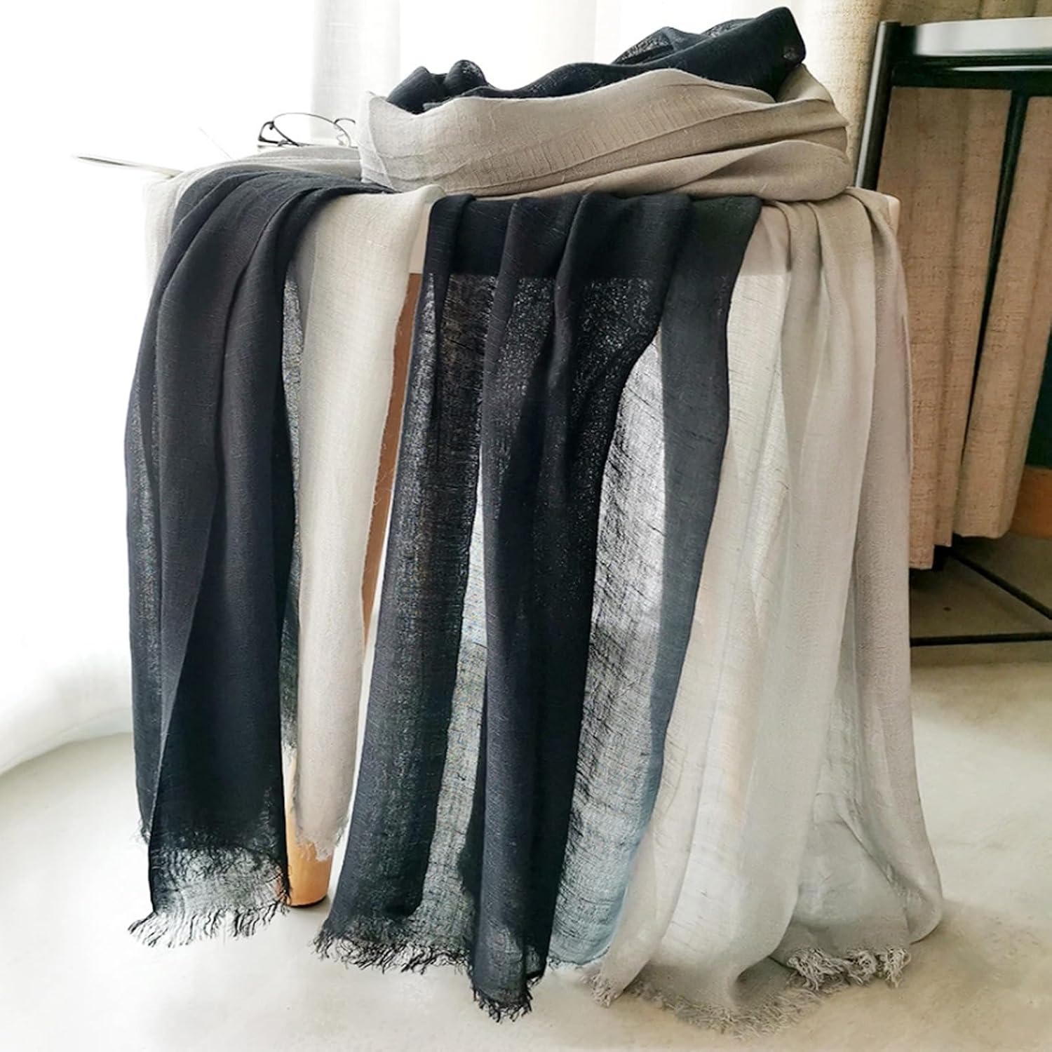 Cotton Linen Fashion Scarf,Gradient Two-tone Four Season Scarf Shawl Beach Gauze,Long Lightweight Travel scarf 75"×35" - Image 2