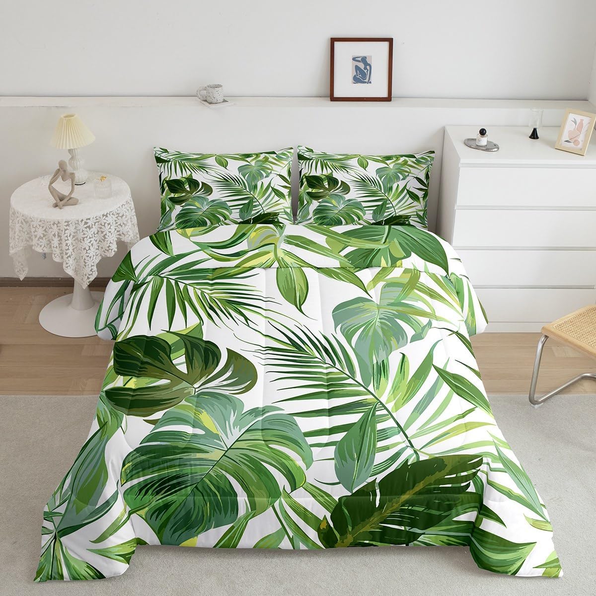 jejeloiu Green Palm Leaf Comforter Set Queen Size Kids Green Tropical Leaves Pattern Bedding Set for Boys Girls Summer Tree Branches Nature Theme Duvet Quilt Room Decor