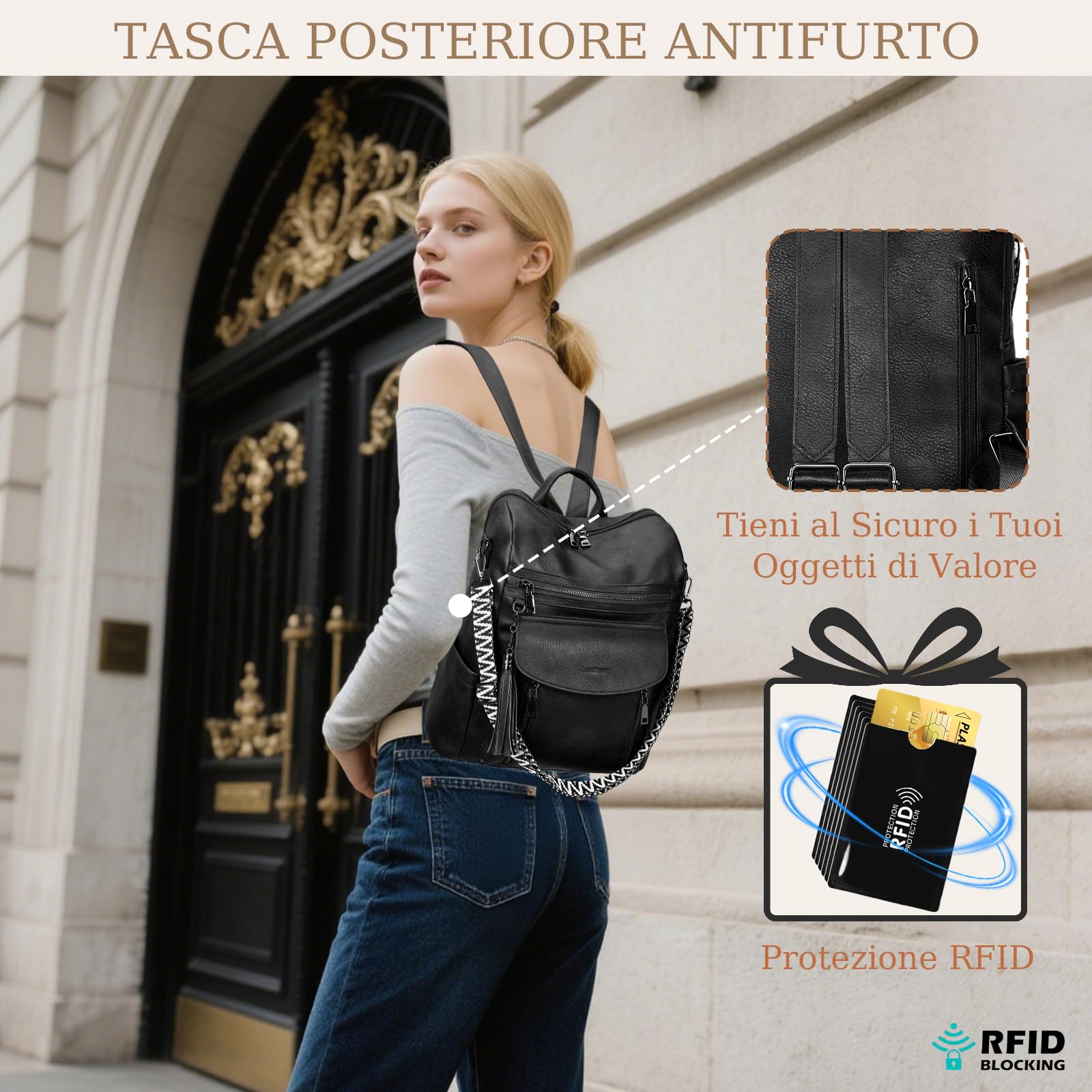 Leathario Zaino da Donna in Pelle Vegana Impermeabile e Antifurto, Zainetto Elegante per Laptop, per Ufficio, Università e Viaggi(Nero Assoluto)