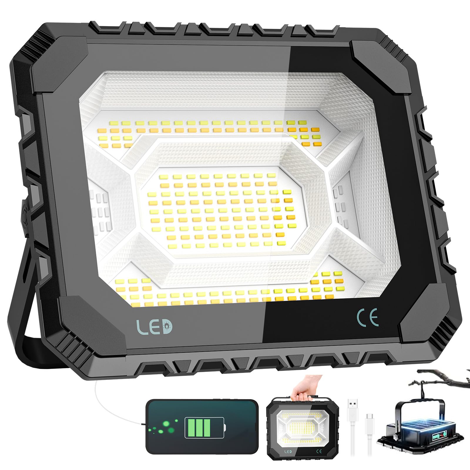 Adewalk Projecteur Chantier LED 150 W, 16000 lm Lampe de Travail Solaire & Batterie Rechargeable 16000 mAh, 5 Modes d'éclairage, Lampe de Camping Portable pour Travail, Pêche, Garage, Atelier