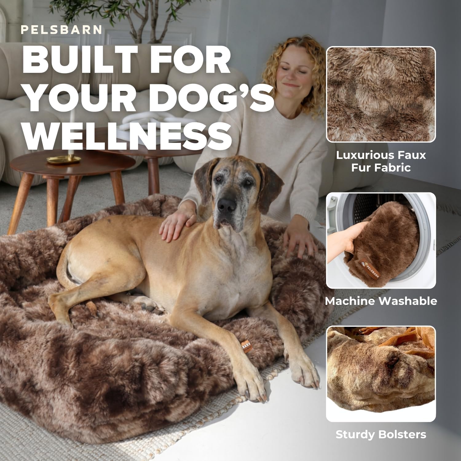 Pelsbarn Luxurious Orthopedic Dog Bed - X-Large (47.24" x 31.49") Therapeutic Joint Support Pet Bed - Velvety Soft Removable Washable Cover - Brown