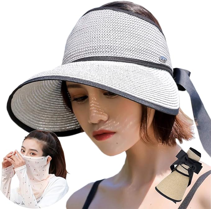 Amazon Admiracion Uvカット レディース帽子 アームカバー フェイスカバー ネックガード 冷感 3点セット ストローハット レディース 麦わら 折りたたみ 帽子 夏 ゴルフ ウォーキング グレイ バイザー 通販