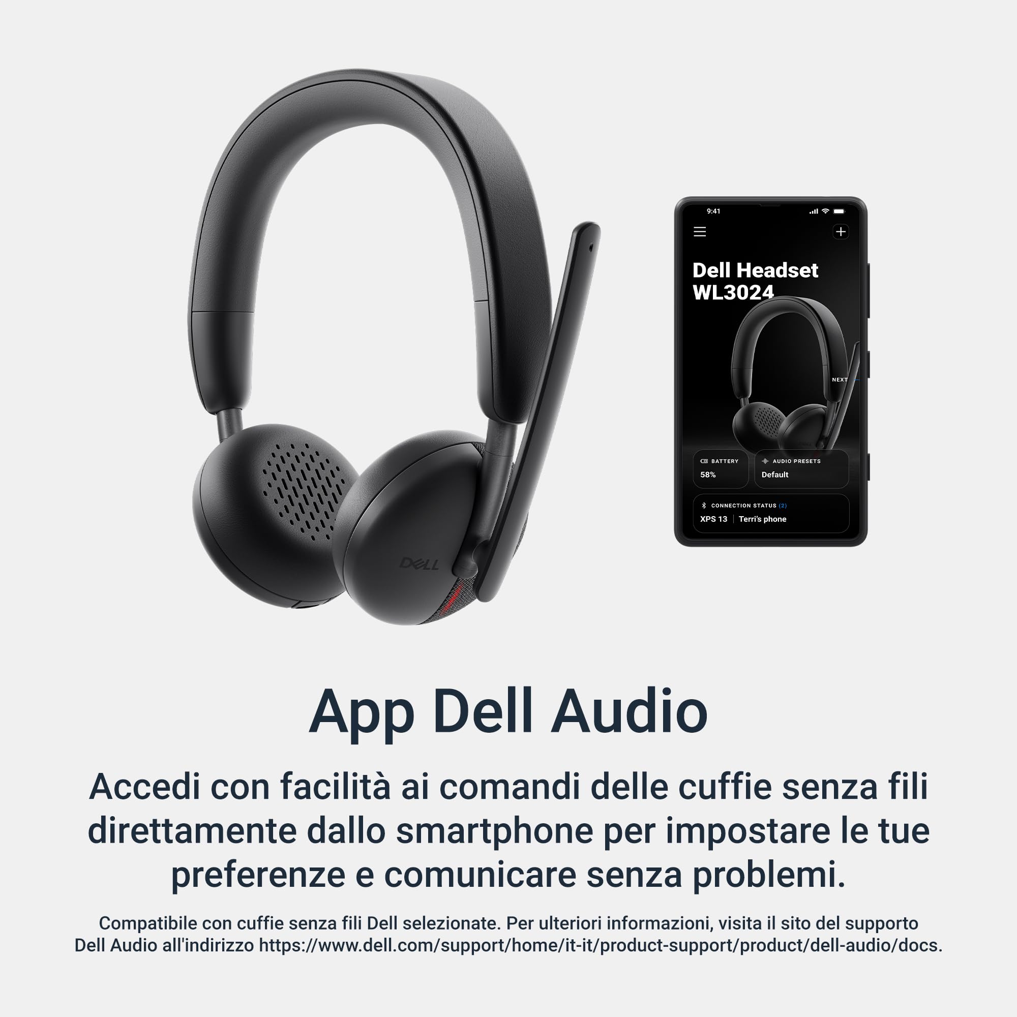 Dell WL3024 Cuffie Senza Fili – Microfono con Cancellazione Rumore AI, Audio Stereo, Connettività Multi-Link, Certificazioni Microsoft Teams e Zoom, 41 Ore di Autonomia