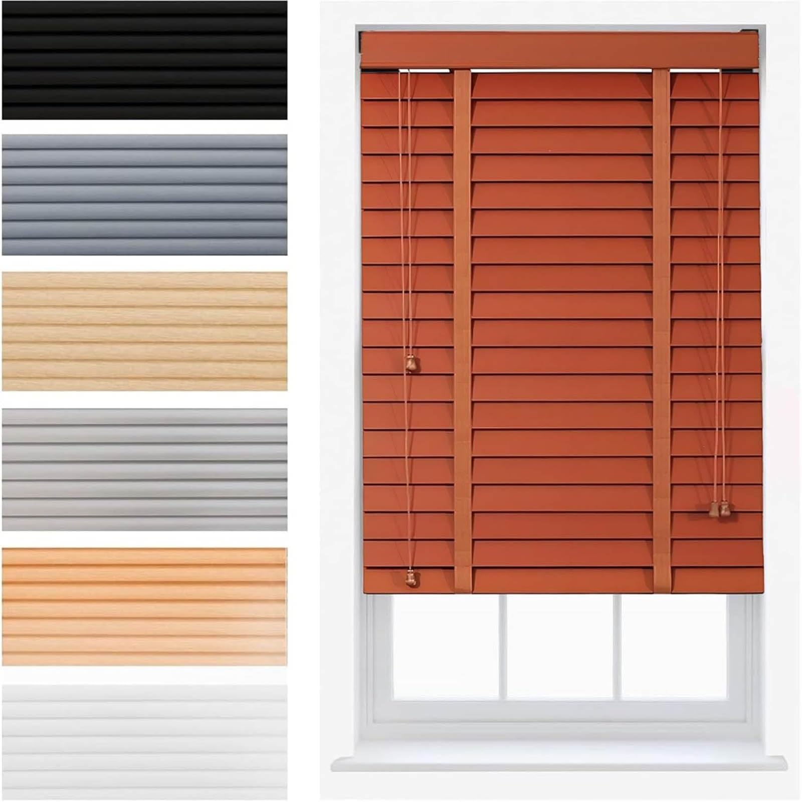 2" Slats Light Filtering Blinds for Indoor Windows 40 65 100 125 140 155 cm Waterproof Wooden Horizontal Wood Venetian Blind & Cordless Faux Wood Window Shades for Home and Office(Light Brown)