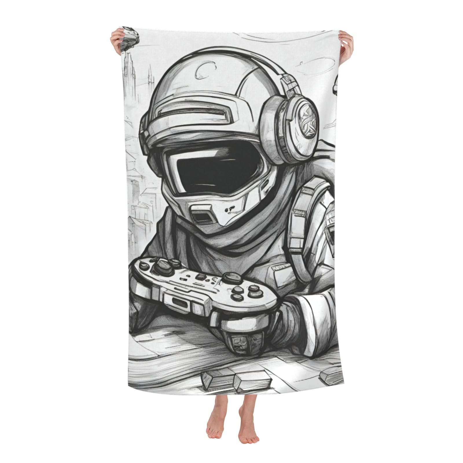 NImongt Monochrome Sketch Style Gaming Print Oversized Adult Beach Towel For Travel Weekend Getaways Festivals Camping Trips