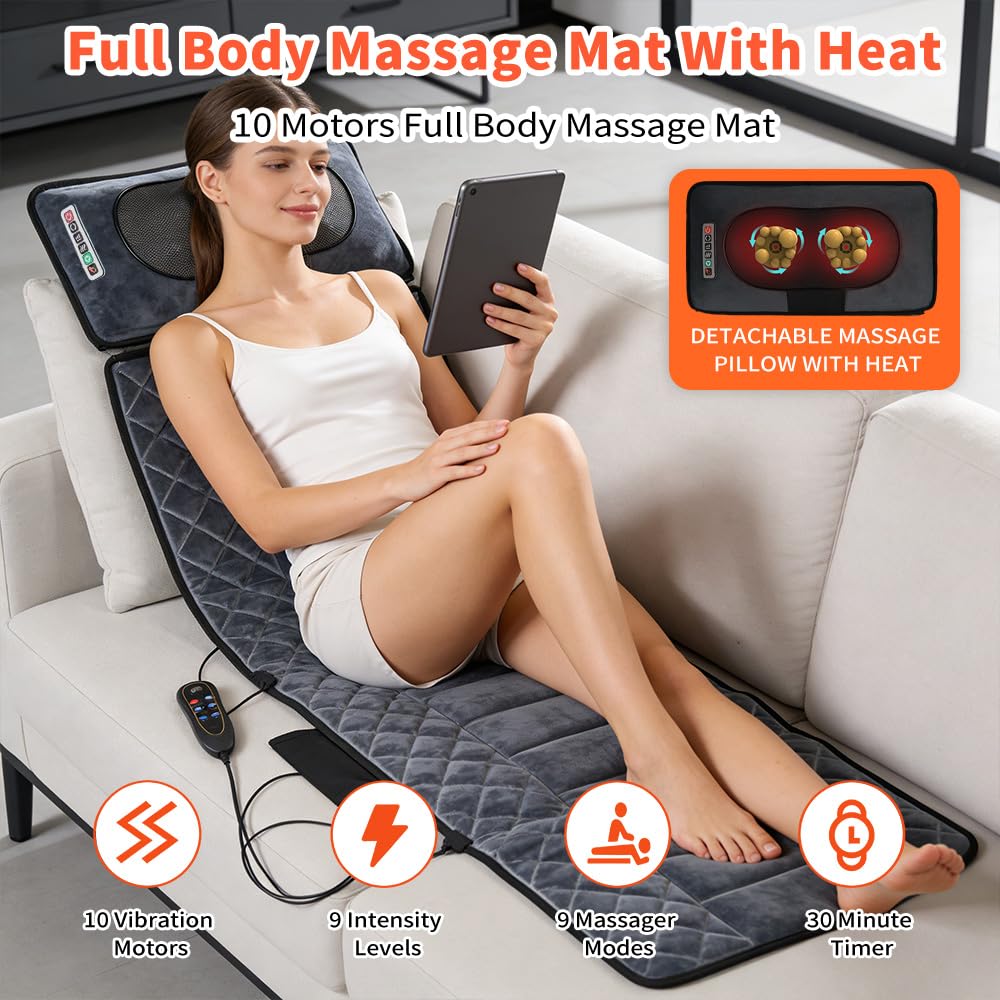 Beheizte Massagematte, Ganzkörper-Massagematratze mit Nackenmassagekissen, 10 Vibrationsmotoren, 9 Modi, 9 Intensitätsstufen, Timer, lindert Rückenschmerzen, Massage-Matratze, Geschenk für Frauen und