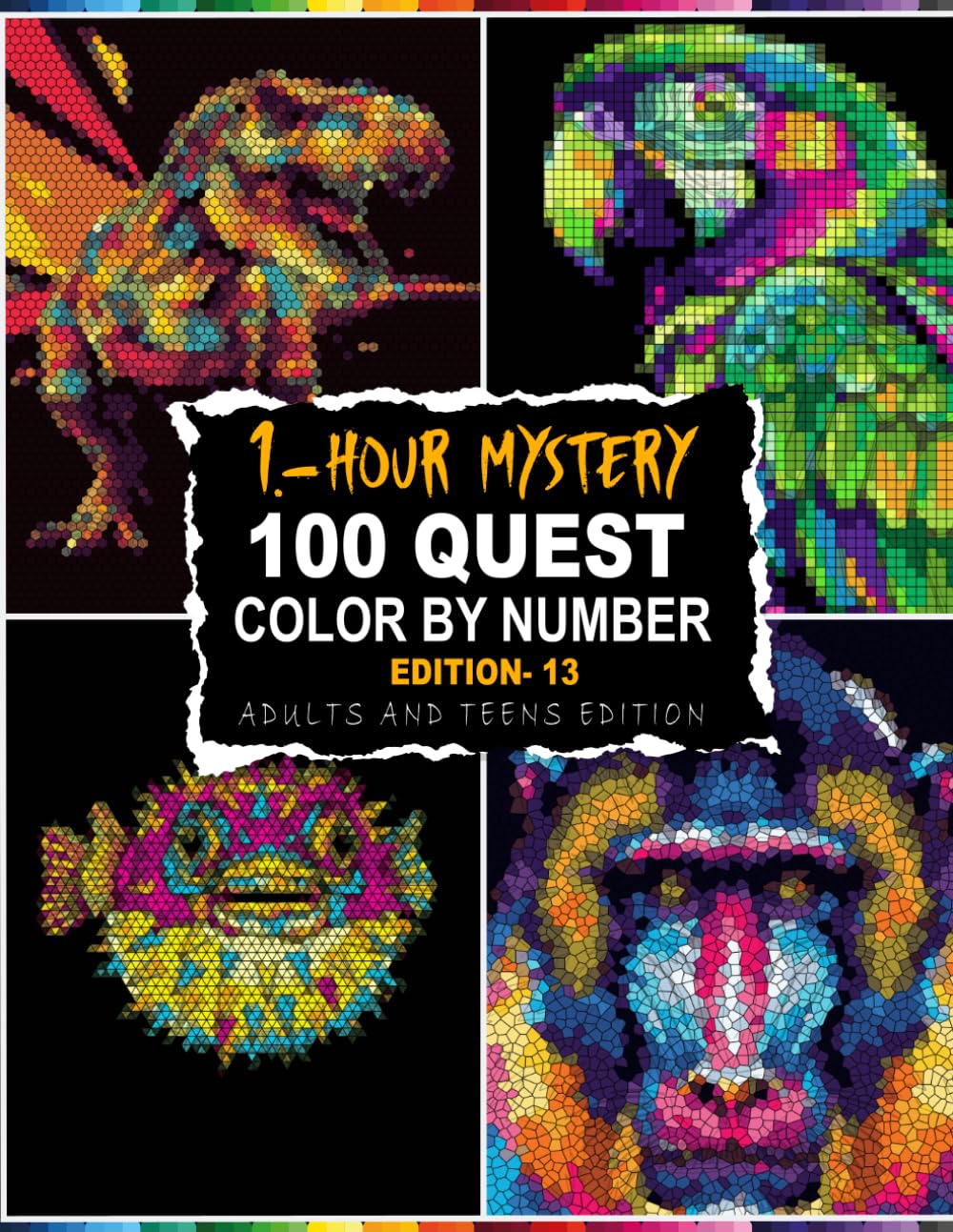 100 QUEST 1-HOUR MYSTERY MOSAIC: 100 Color By Number Fantasy Creature & Wildlife Mosaic Challenges | 5 Shape Styles with Full Master Color Palette | Creative Stress Relief for Adults & Teens