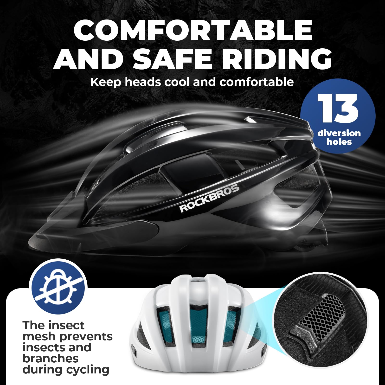 ROCKBROS Kask rowerowy ze zdejmowaną krawędzią, kask rowerowy z fotochromową ramką oddychająca siatka przeciw owadom dla dorosłych MTB rower szosowy ochrona głowy rozmiar 55-61 cm