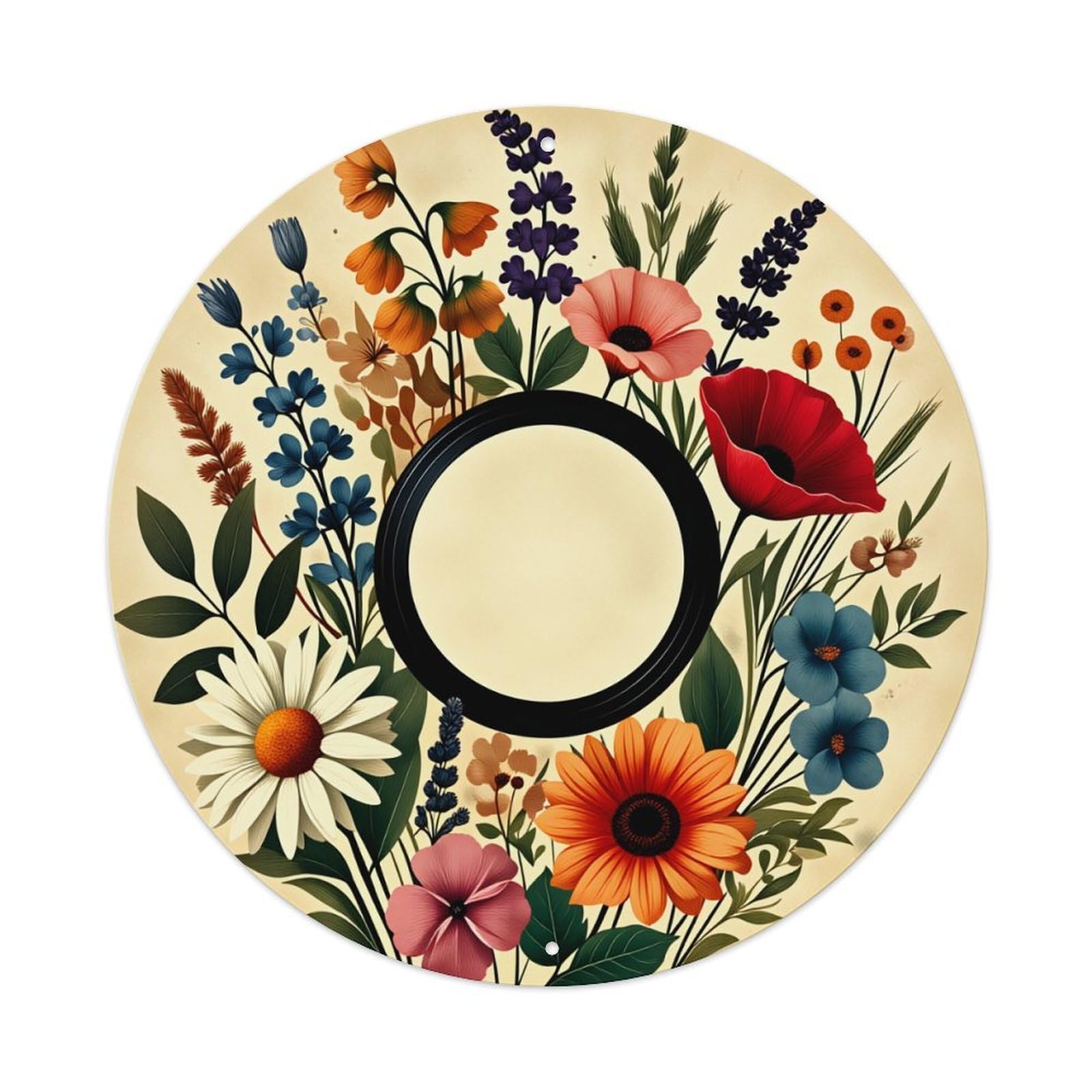 Floral Arrangement Circular Design Pattern Round Tin Sign Vintage Metal Poster, Home Bar Garage Man Cave Cafe Indoor & Outdoor Wall Decoration 8x8Inches