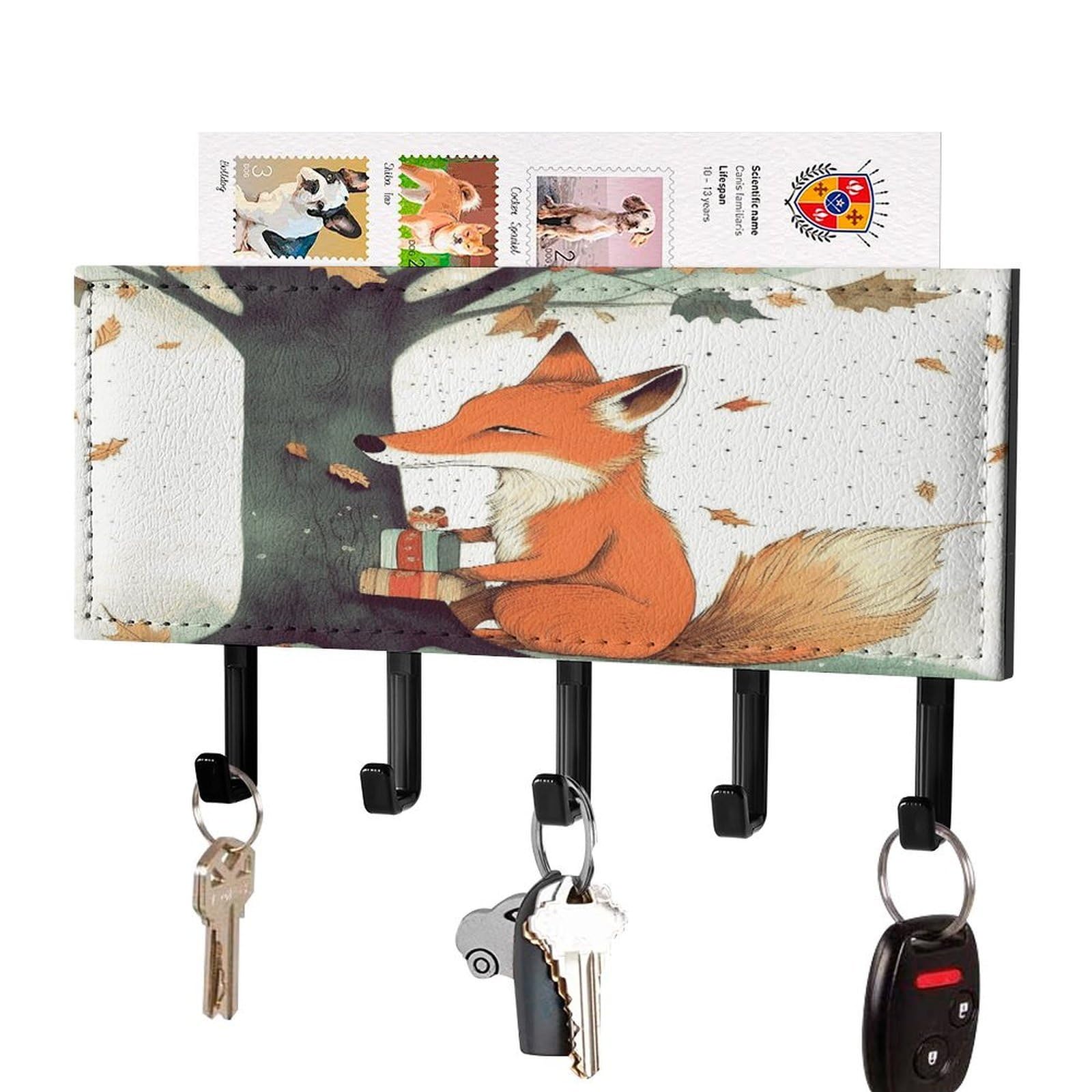FekiLoot Fox Under The Tree Key Holder Wall Mount Key Hanger with 5 Hooks Decorative Key Rack Hanging Key Hooks with Mail Organizer Key Holder for Wall Living Room Kitchen Bathroom Hallway Black