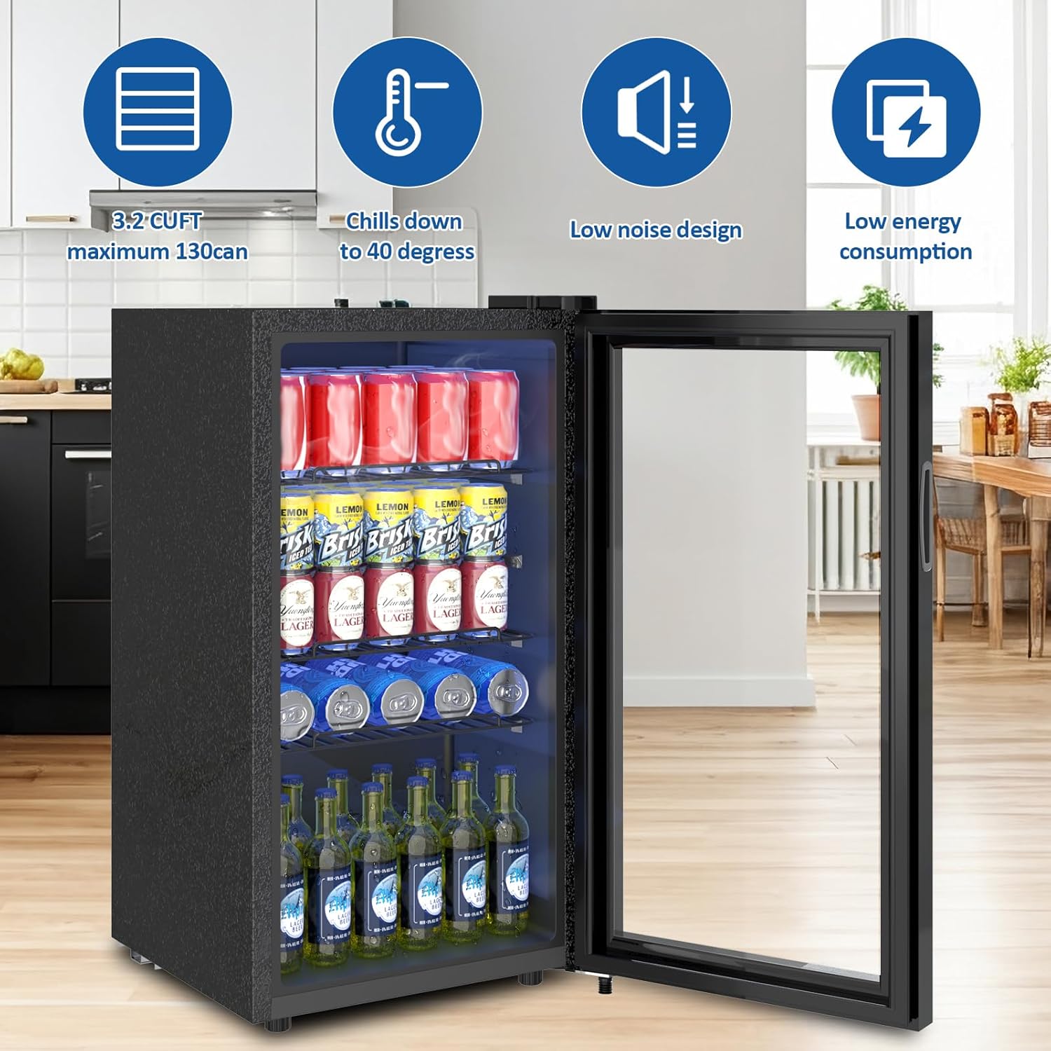 3.2 Cu.Ft Mini Fridge – 120 Can Beverage Refrigerator with Glass Door, Adjustable Shelves & Temperature Control, Ideal Drink Cooler for Soda, Wine & Beer in Home or Office