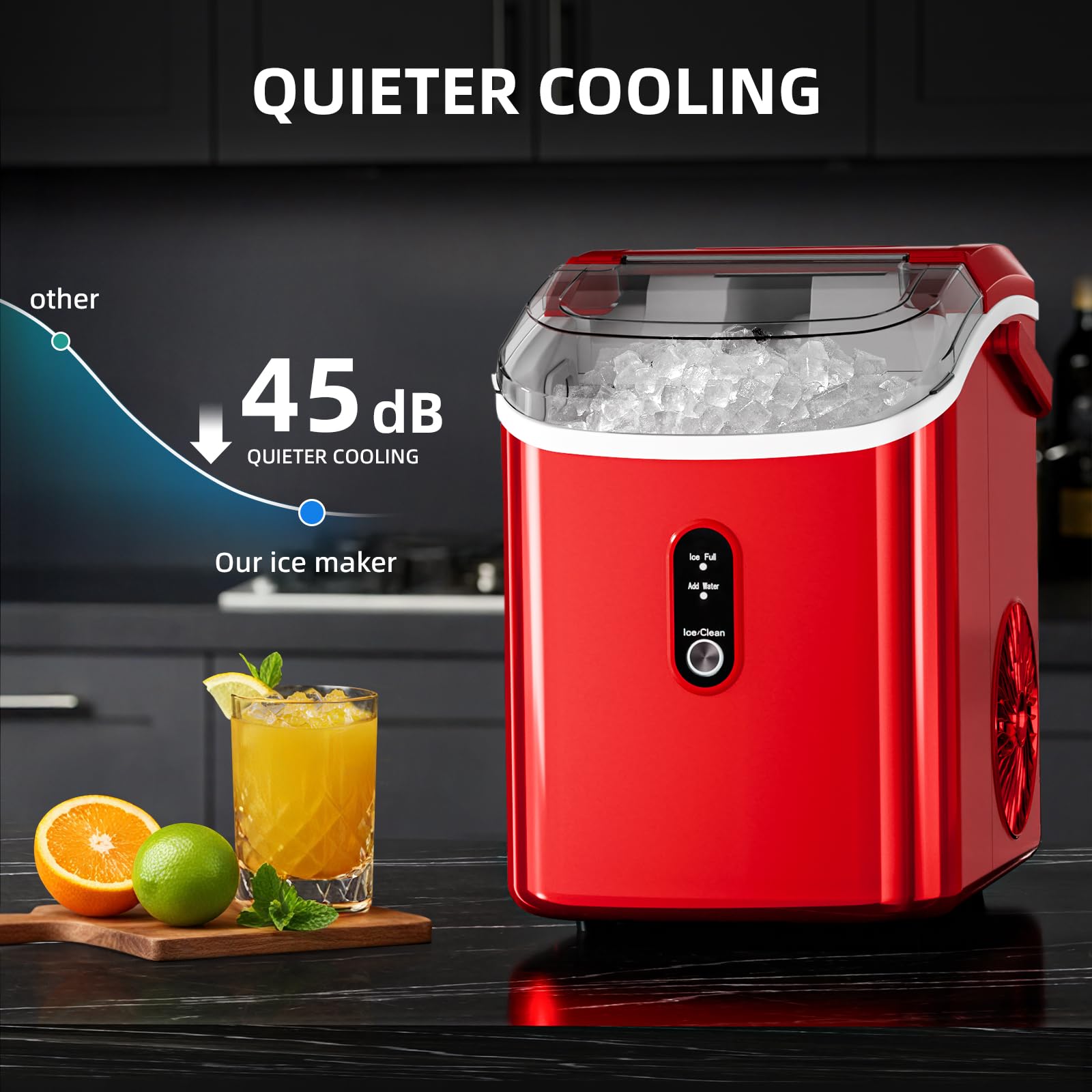 Nugget Countertop Ice Maker With Soft Chewable Pellet Ice, 34lbs/24h,Pebble Portable Ice Machine With Ice Scoop, Self-Cleaning, One-Click Operation, For Kitchen/Office/Bar, Red on Fridge.com - View 6