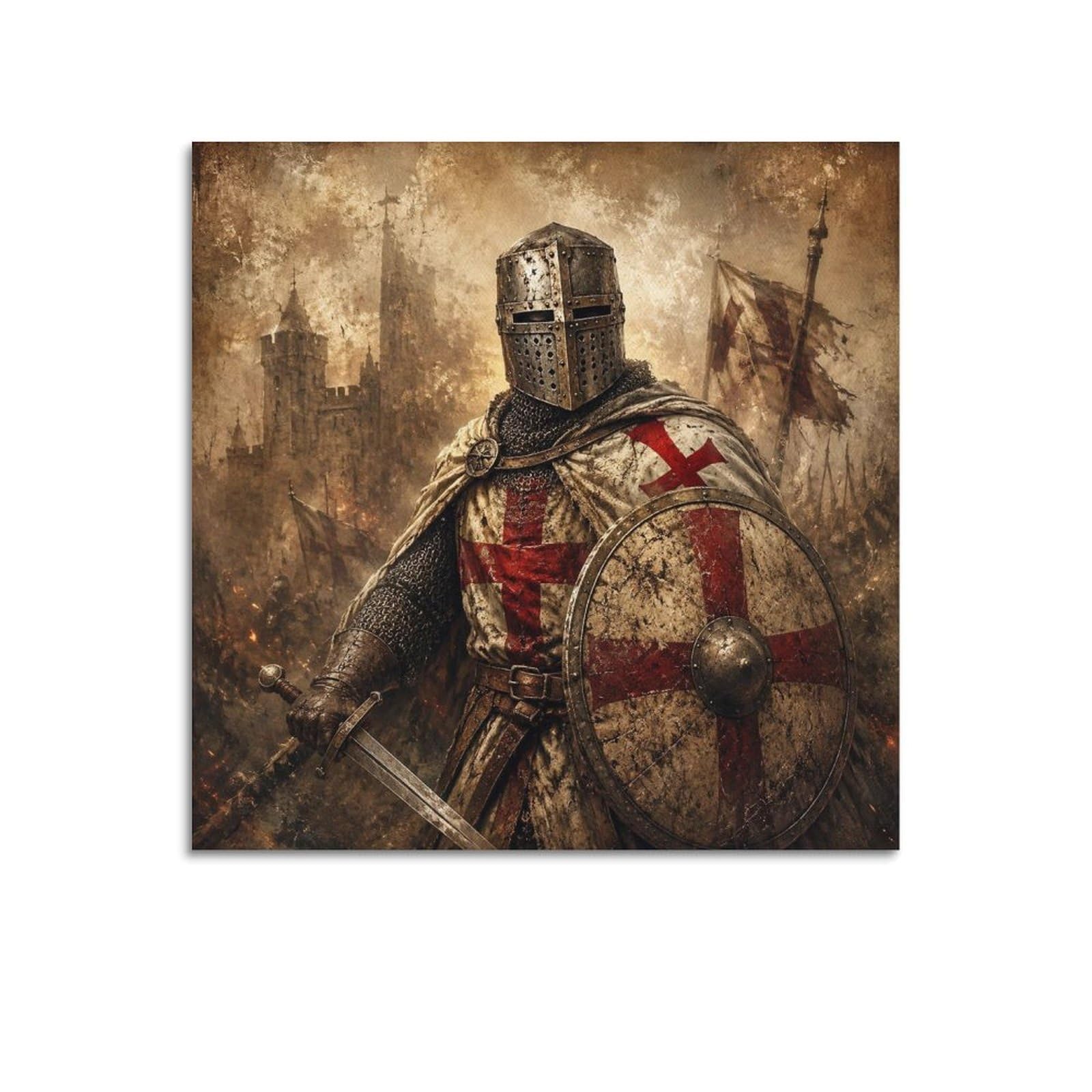 XKUGA Vintage Chainmail Templar Knight Shield Poster Guard Armor Modern Decorative Canvas Prints - Ideal Wall Art for Family, Man Cave, Game Room, Boys & Girls Bedroom 12x12inch(30x30cm)