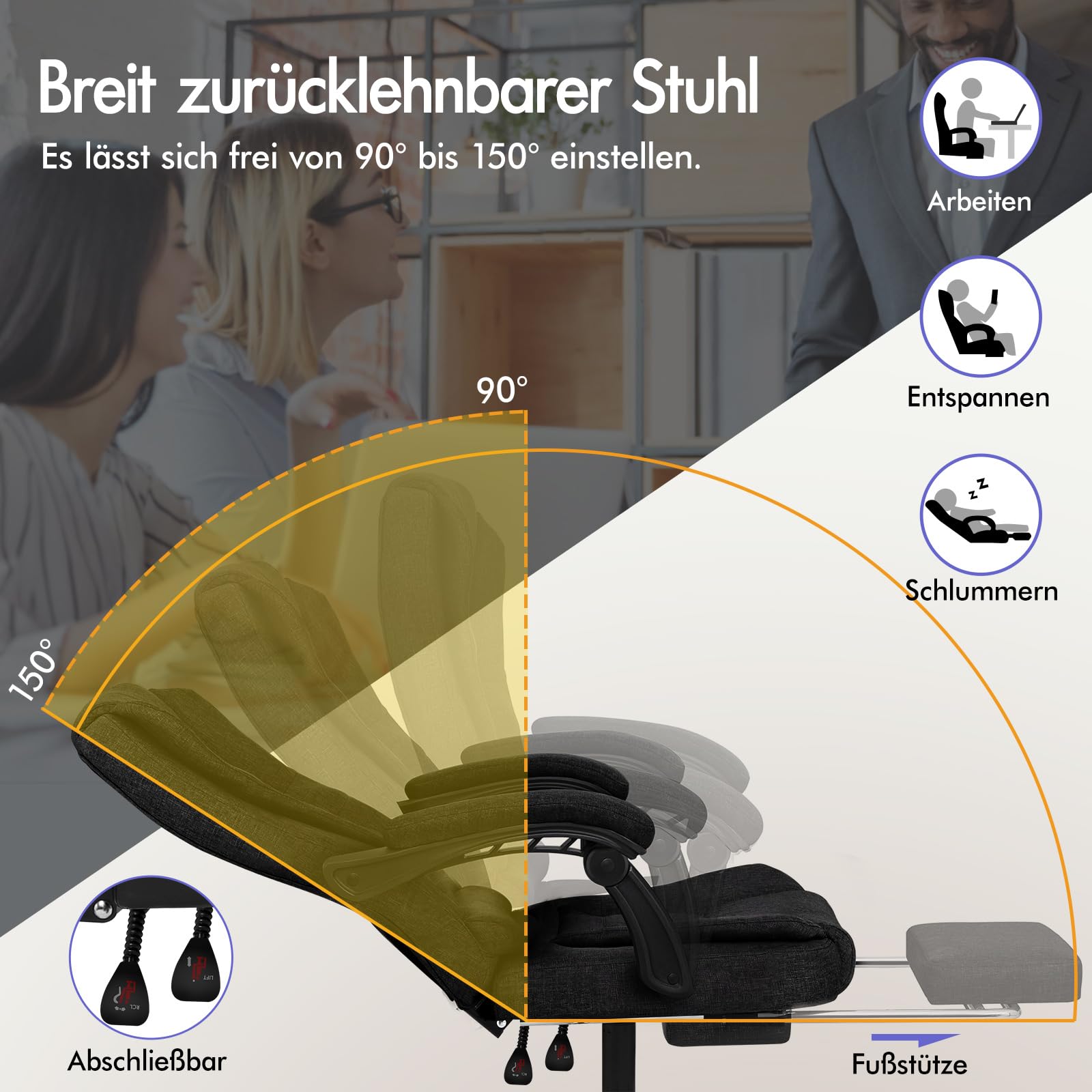 ALFORDSON Bürostuhl Chefsessel Massage Ausziehbare Fußstütze, höhenverstellbarer Schreibtischstuhl 150°-Neigung, ergonomischer Drehstuhl, Computerdrehstuhl,belastbar 180 kg, Leinen, Schwarz