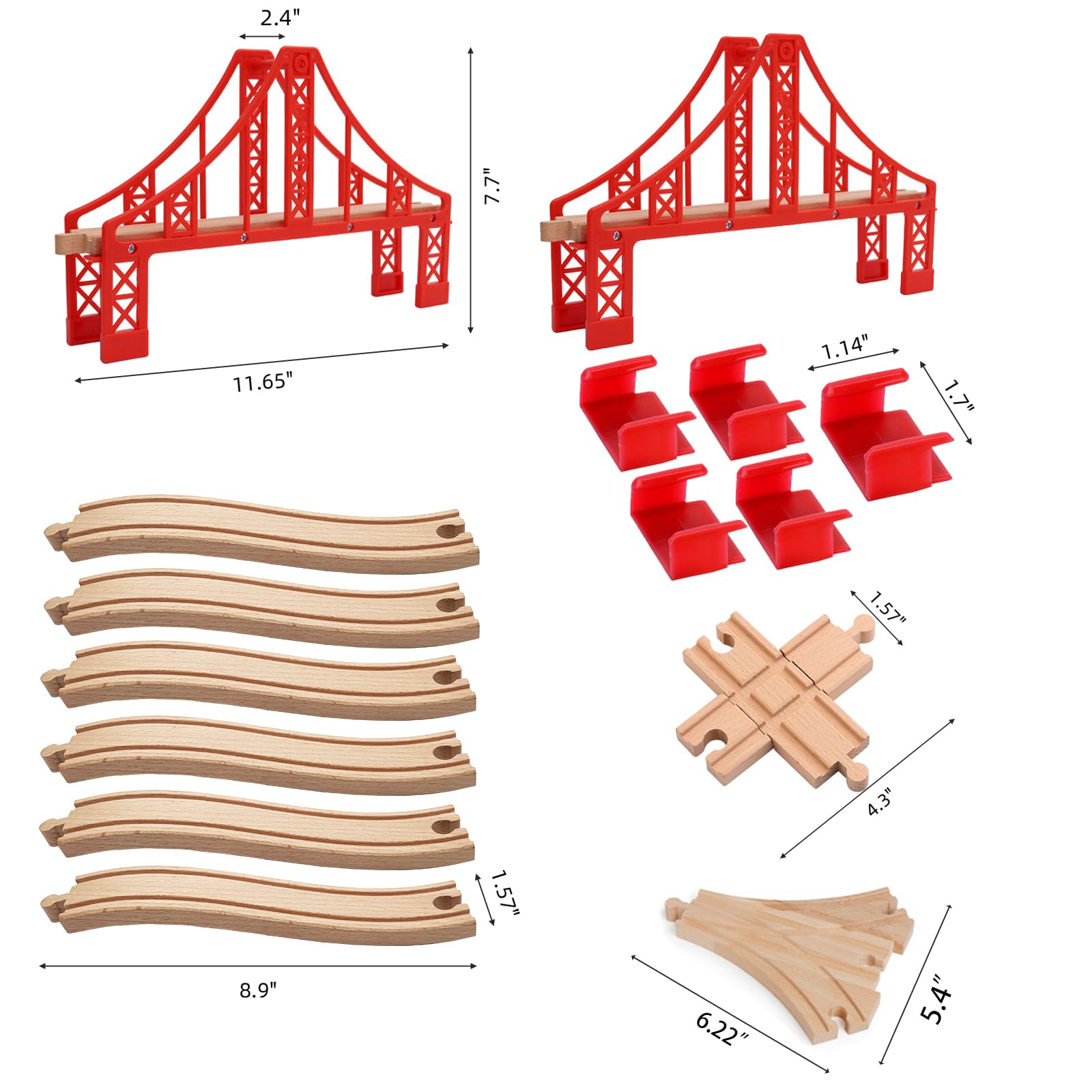 Juego de accesorios de madera para vías de tren, juego de puentes colgantes rojos grandes, compatible con todas las principales marcas, regalo de cumpleaños de Navidad para niños y niñas, paquete de