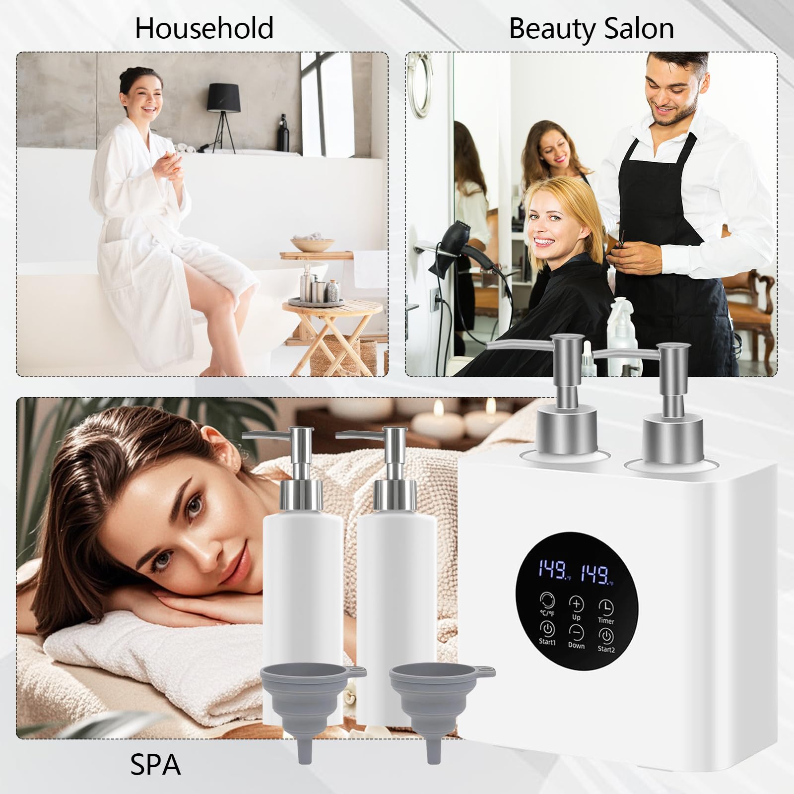 Chauffe-huile de massage double avec quatre distributeurs de bouteilles d'huile, 900ml réglable en continu 0-65°C contrôle thermostat lotion avec protection anti-gouttes pour salon & ménage SPA