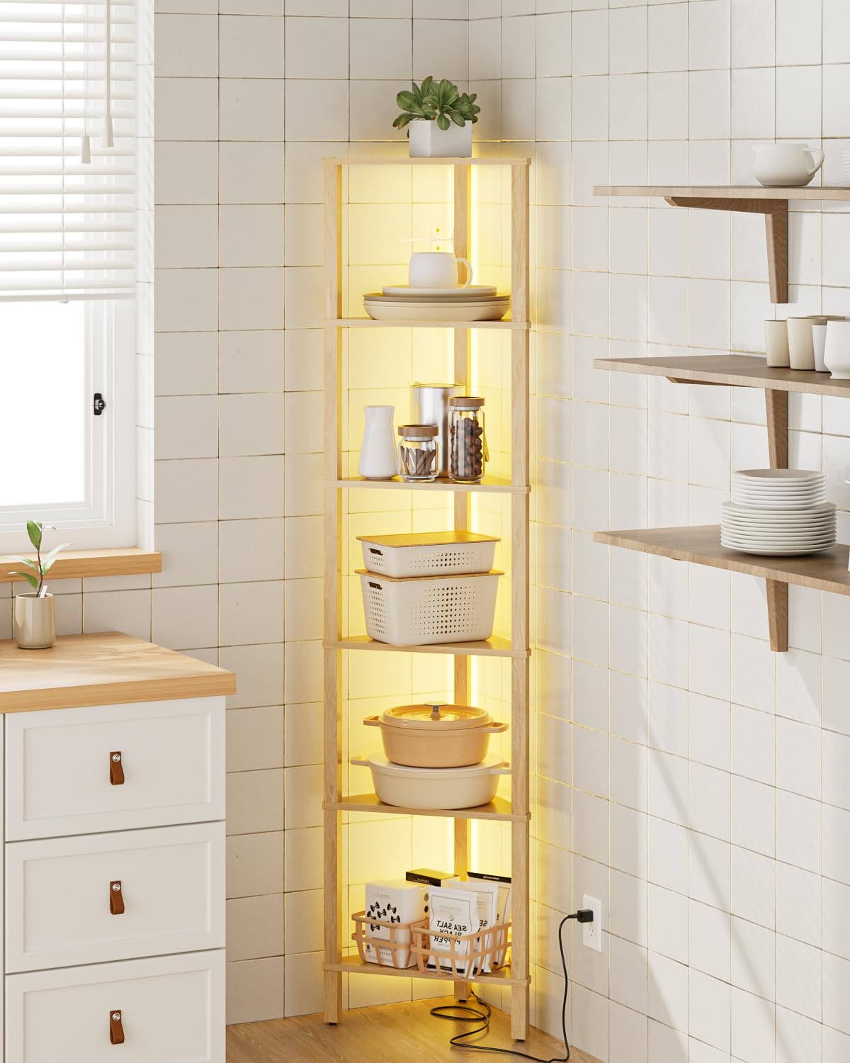 Estantería esquinera de 6 Niveles con luz LED, estantería Triangular de pie, Mueble Organizador Que Ahorra Espacio para salón, Dormitorio, Cocina o baño, Acabado Roble, 37 × 27 × 150 cm