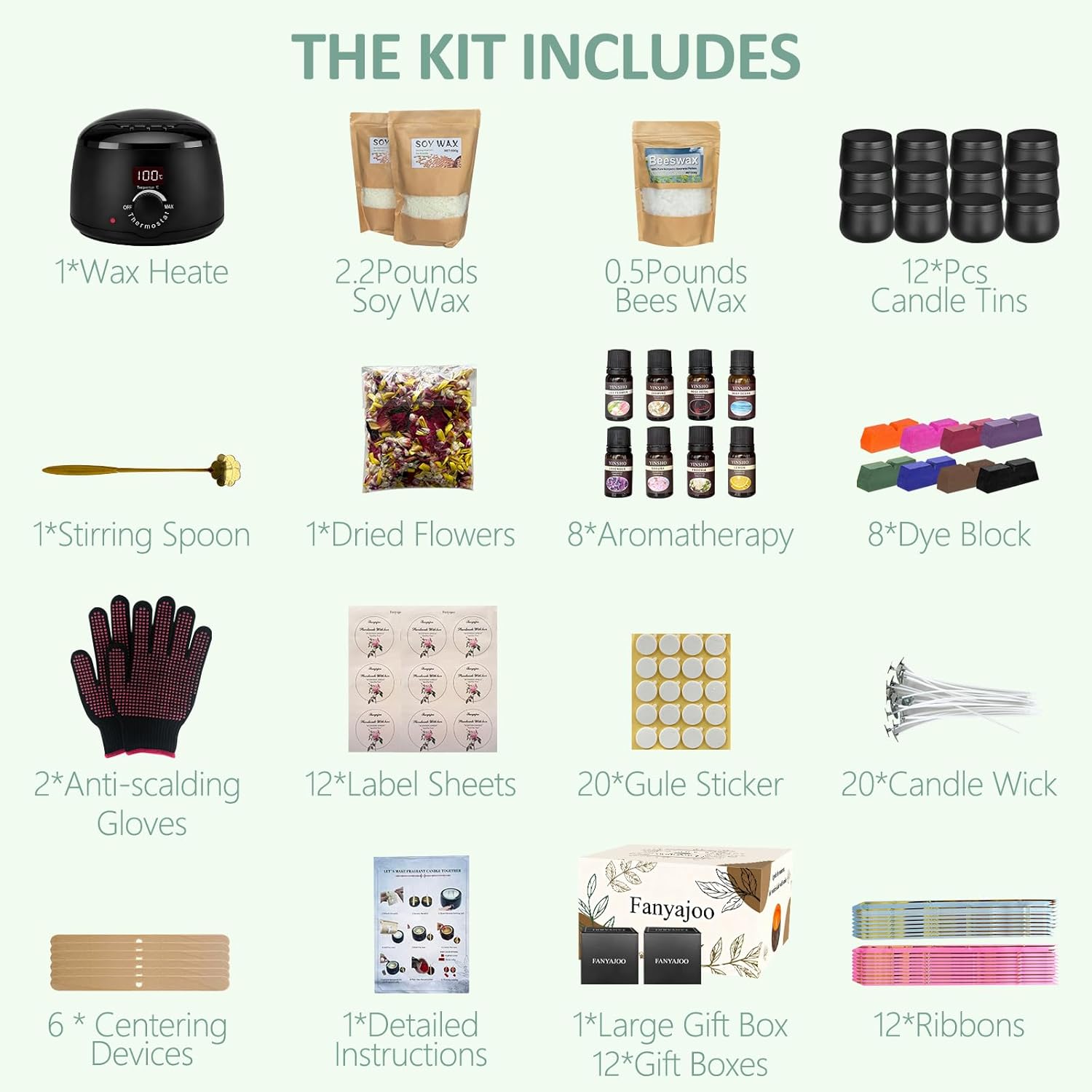 Fanyajoo Candle Making Kit for Adults with Wax Melter DIY Starter Scented Candles Making Kit,Soy Wax Candle Making kit,Craft Kits for Adults,Home Decorations (60pcs)