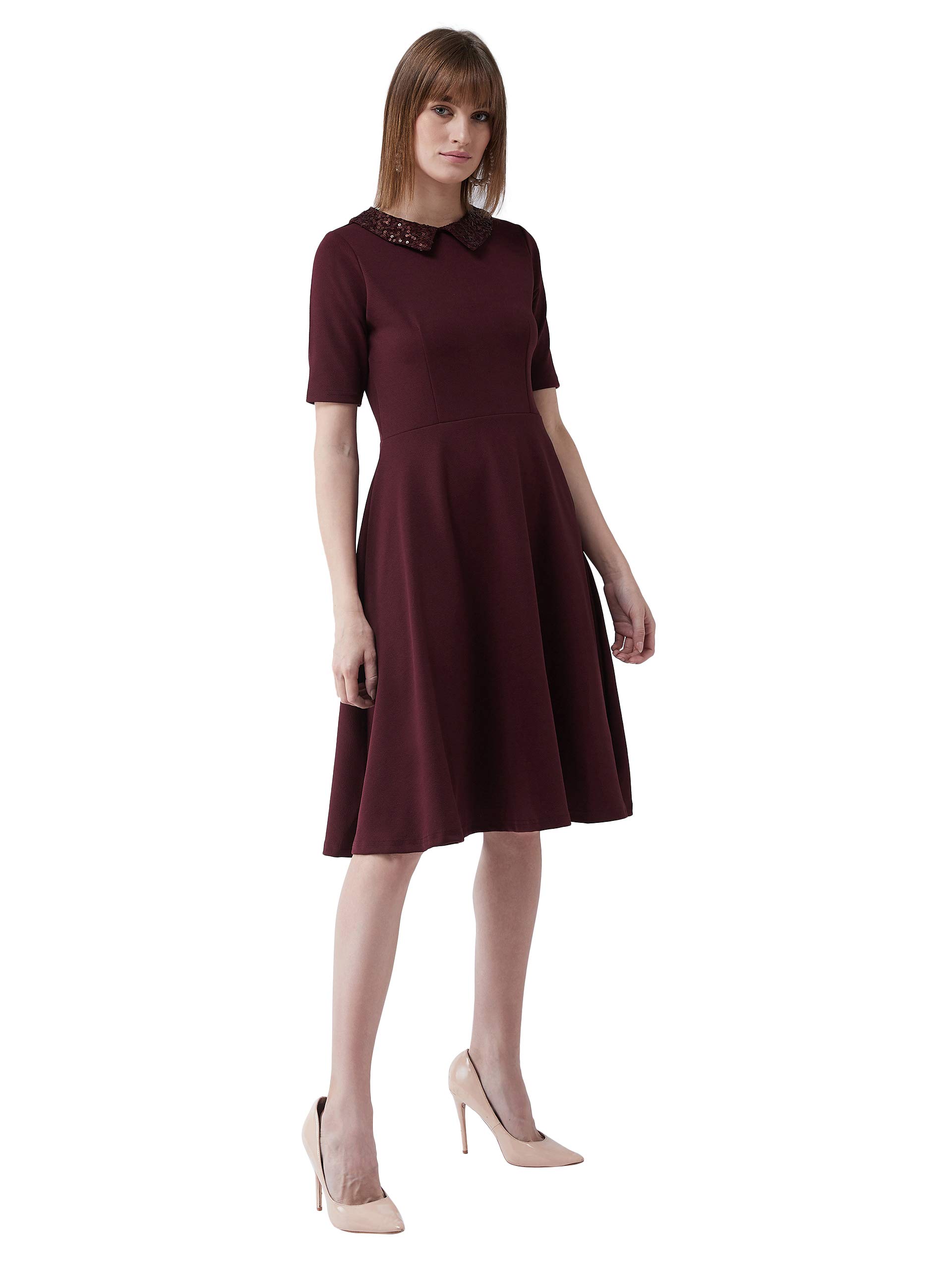 Miss Chase Women's Wine Red Collared Round Neck Half Sleeve Solid Knee-Long Skater Dress With Buttoned Closure (Mcss20D99-43-184-06_Wine Red_Xl)