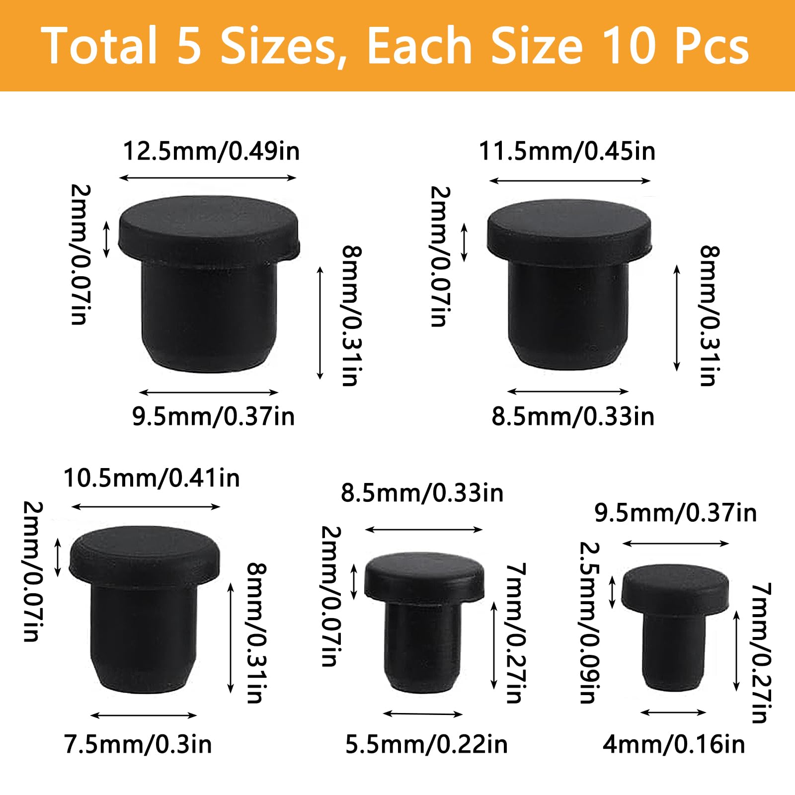50 Tappi in gomma in silicone, 5 Misure Tappo per Fori, Nero Rotondo in Gomma Impermeabile Coperture per Fori per Bottoni Tappo Flessibile Morbido Adatto per fori con diametro interno di 4-9,5 mm