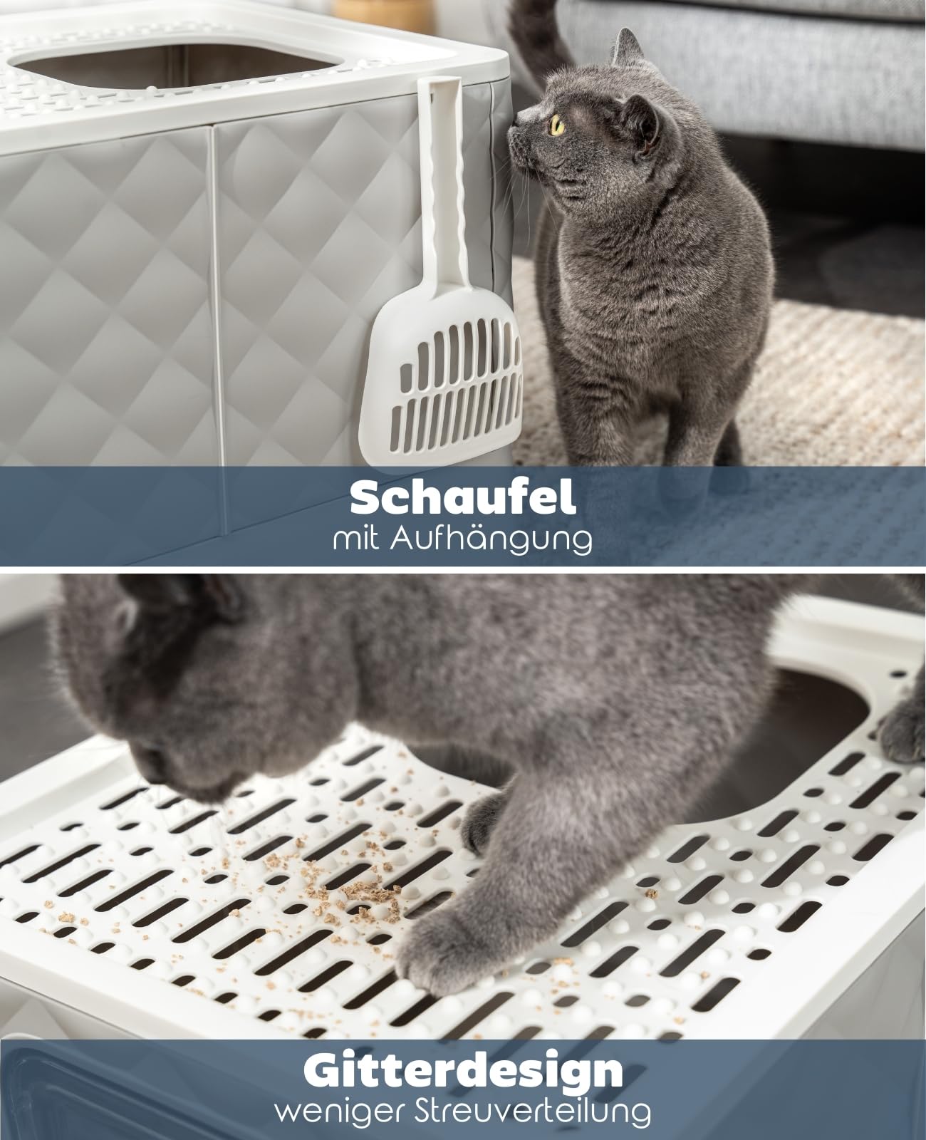 lionto Katzentoilette mit Schublade & Schaufel, 50,5x40,8x37 cm, Katzenklo mit 2 Ausgängen & auslaufsicherem Boden, für Katzen bis 15 kg, faltbar, langlebiges PP-Material, weiß-grau