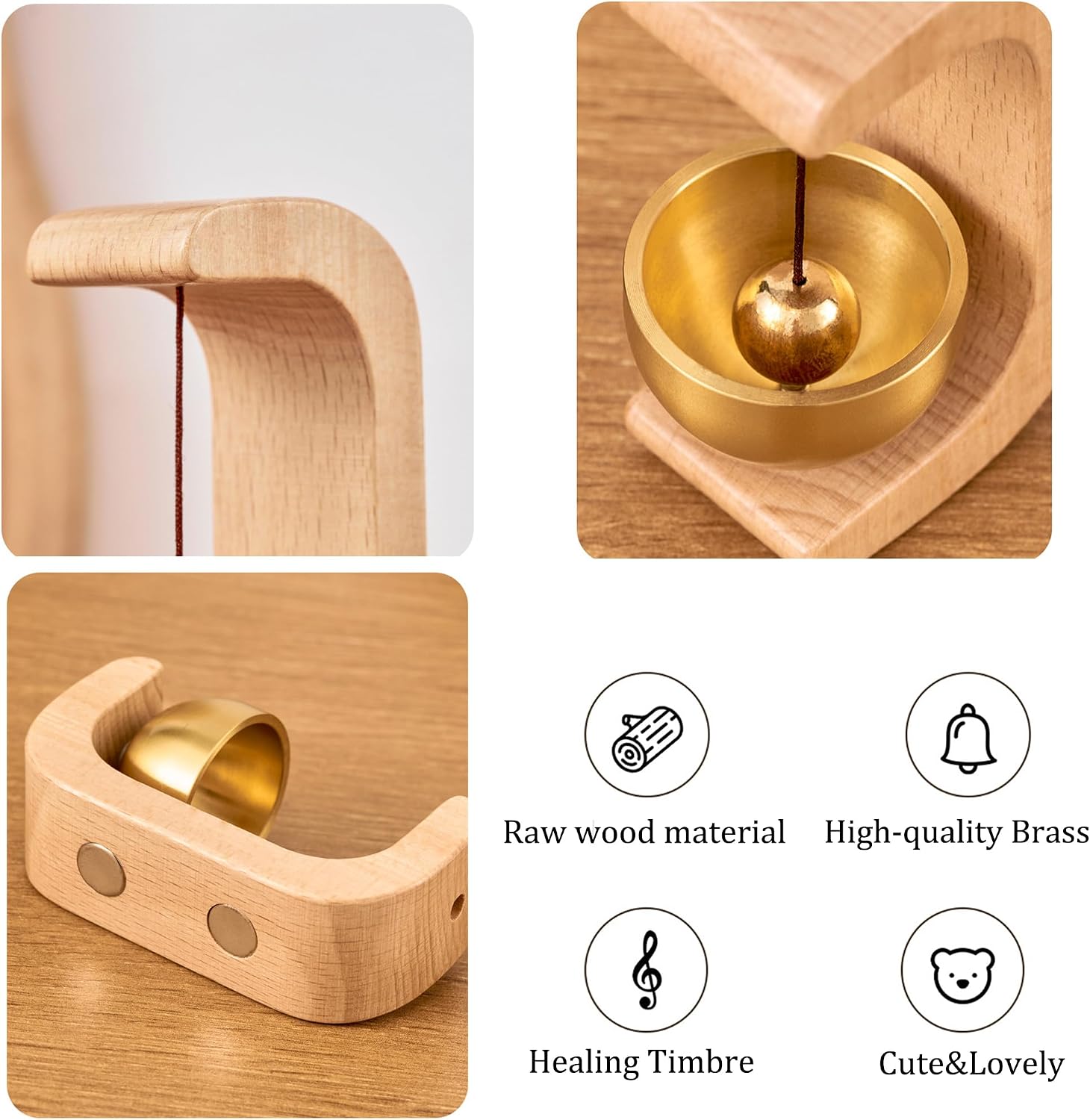 Shopkeepers Bell for Door Opening Magnetic Wood Doorbell with Brass Bell Door Chime for Entrance, Wall, Store, Wardrobe, Fridge