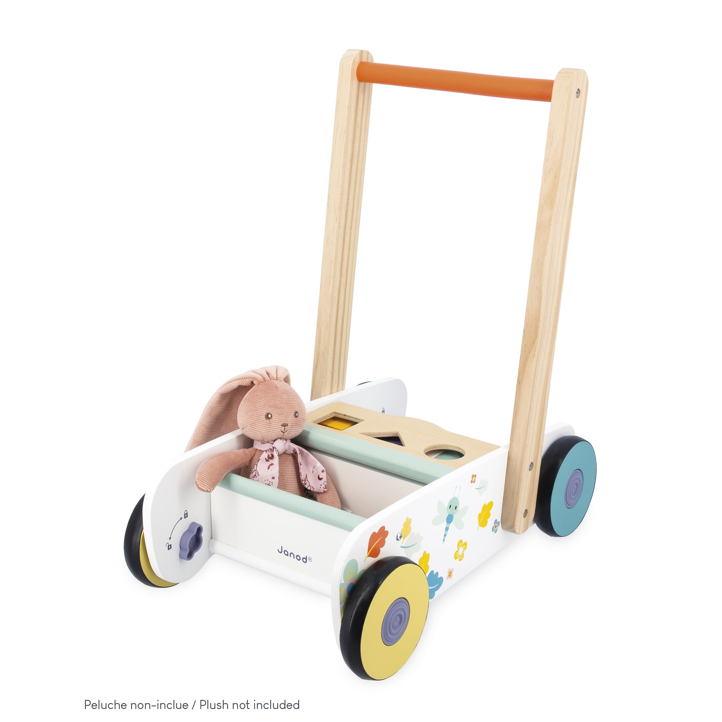 Janod - Carrello da Passeggio in Legno per Neonati e Bambini dai 12 Mesi - 18 Pezzi in Legno Inclusi + Scatola Sagomata - Ruote silenziose + Sistema frenante - dai 12 Mesi