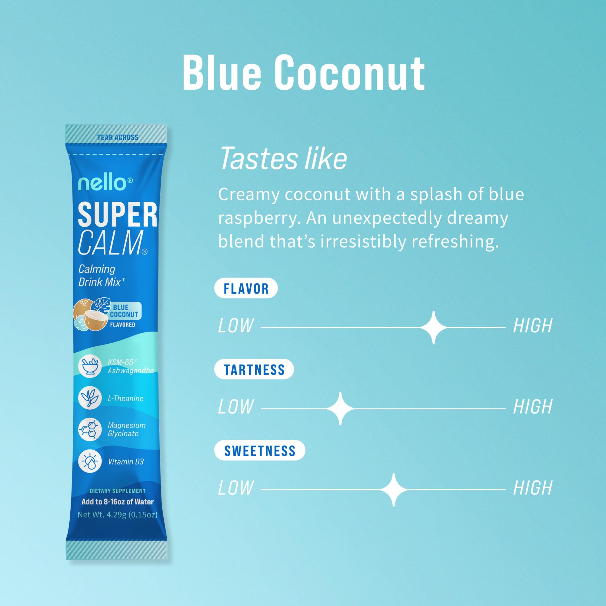 Nello Supercalm Drink Mix with Magnesium Glycinate, KSM 66 Ashwagandha, Vitamin D3 and L Theanine, Calm Powder Supplements for Relaxation Support, No Sugar, Travel Packets, 20 Ct, Blue Coconut — Amazon image 5