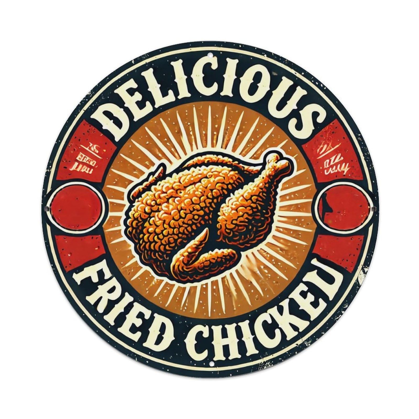 Delicious Fried Chicken Logo Design Retro Metal Sign Round Tin Sign, Vintage Decor Art Poster for Bar, Home, Man Cave, Kitchen, Laundry Room Gift 8x8Inch