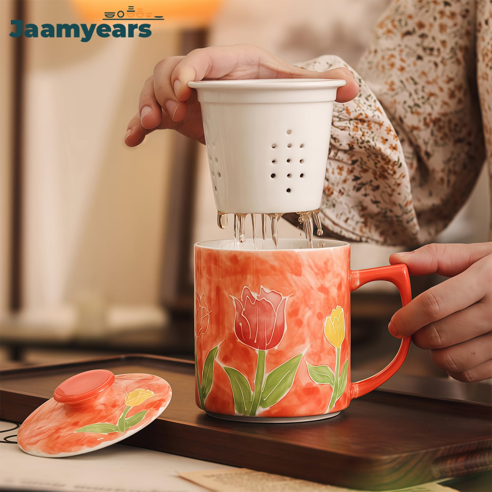 Taza de té con infusor y tapa, taza de té de cerámica de hojas sueltas, capacidad de 400 ml para entusiastas del café y el té