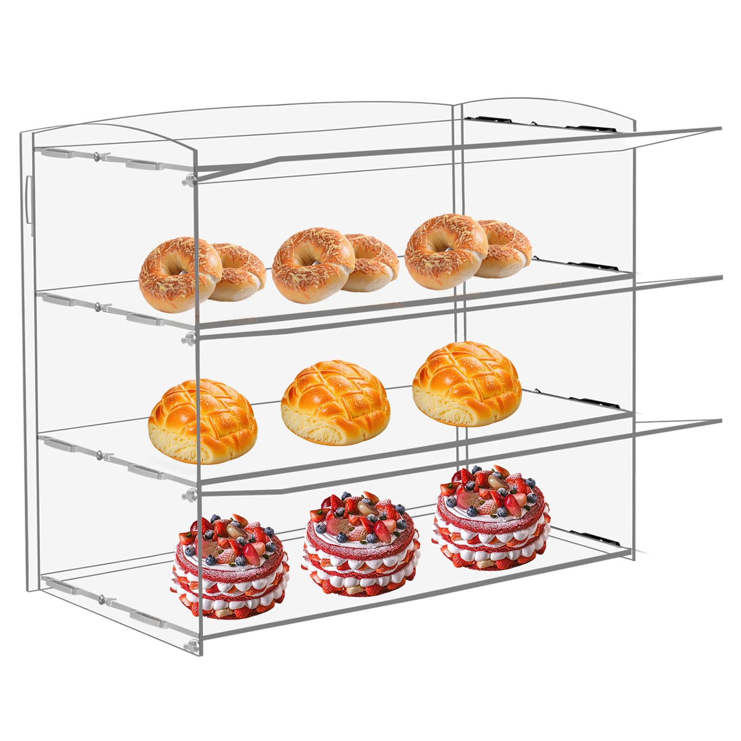 Vitrina acrílica para panadería, vitrina de pastelería, gabinete de pan transparente de 3 niveles, soporte acrílico para pan, galletas, donut, cupcakes para fiestas, eventos, tiendas
