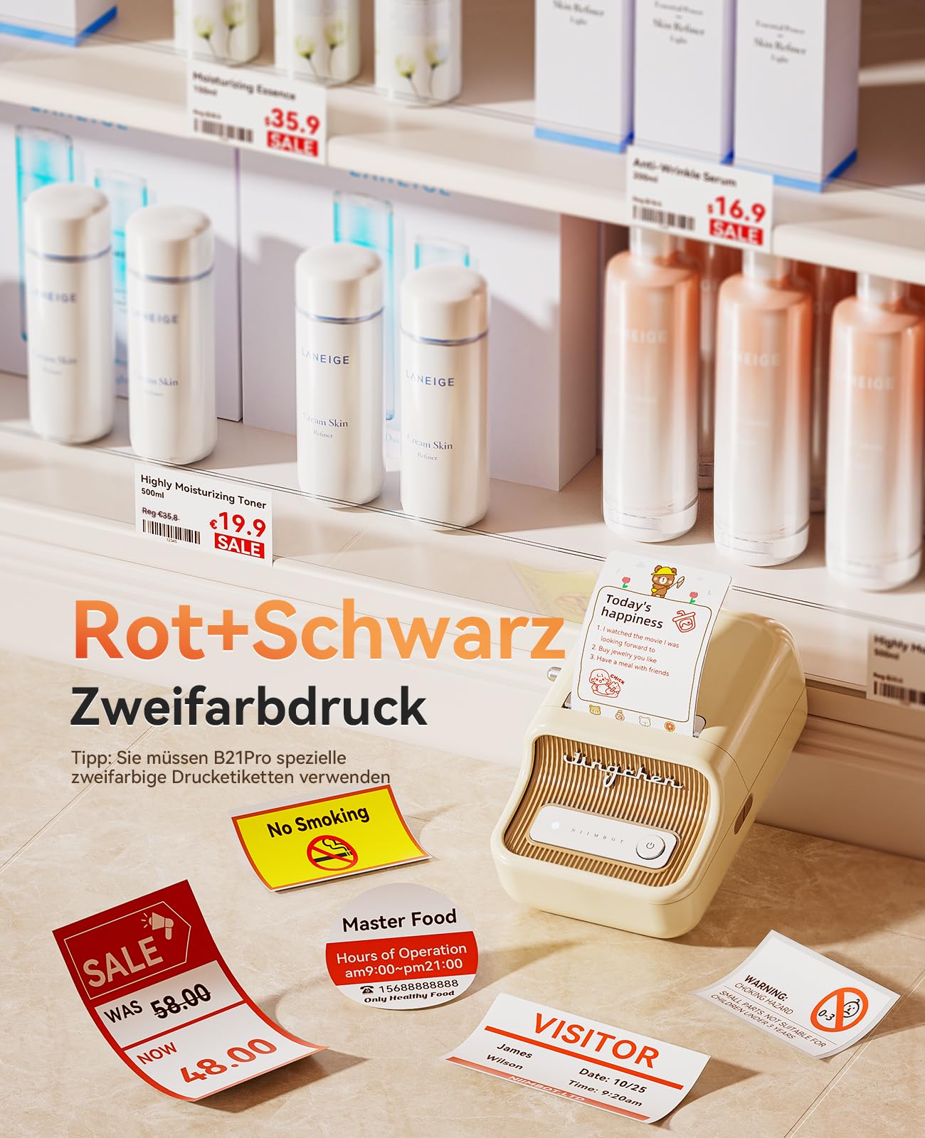 NIIMBOT B21Pro Etikettendrucker, 300dpi Selbstklebendes Etikettiergerät Bluetooth Beschriftungsgerät Label Printer Fotodrucker für Lernen, Studiennotizen, Bilderdruck, Scrapbooking, Weiß