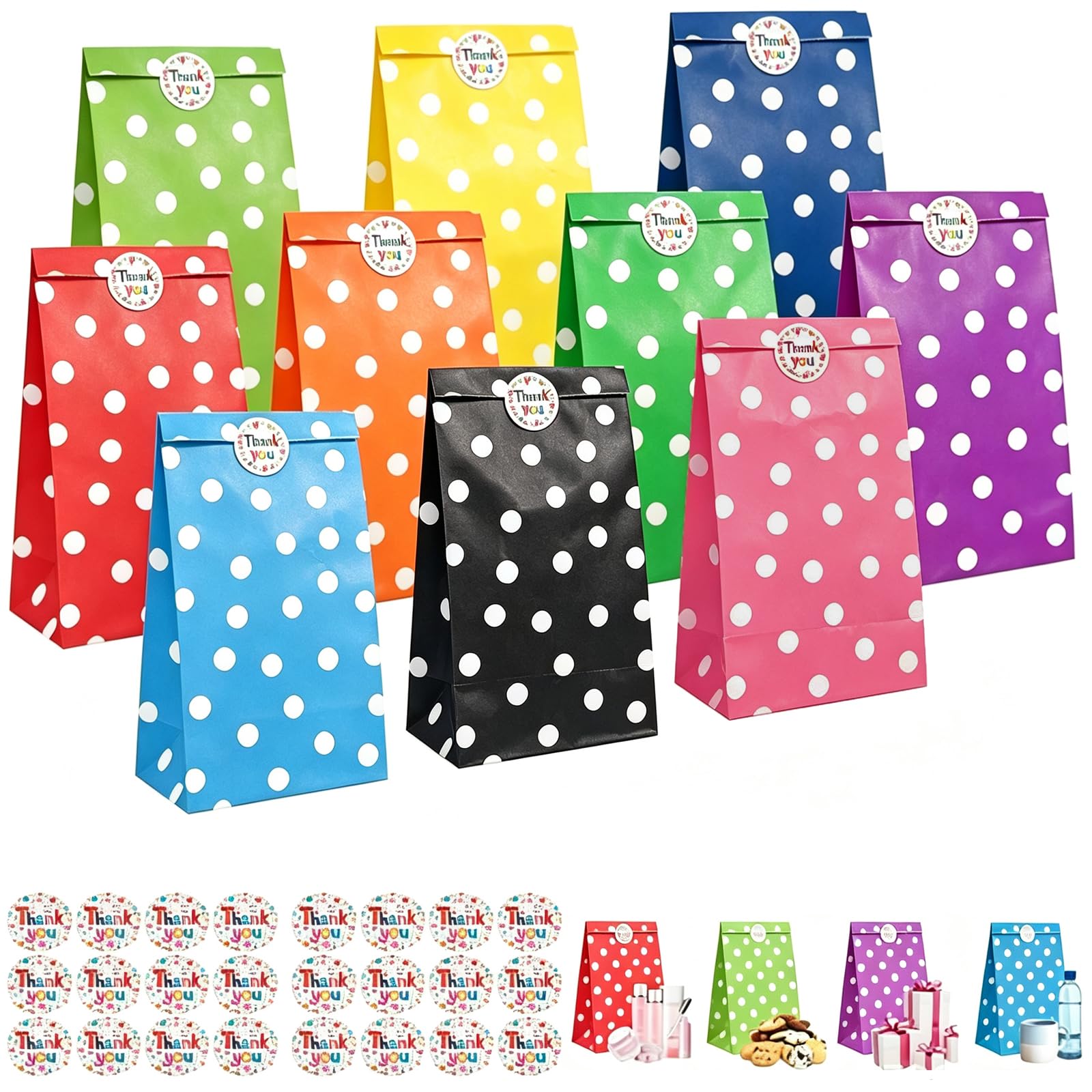20Pcs Gift Bags, Kraft Paper Party Bags with Sticker, 13X 8 X 24cm Colourful Dots Small Favor Bags, Flat Bottom Paper Gift Bag for Present, Celebrations, Birthday, Christmas, Halloween Party